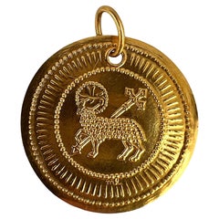 Vintage French Lamb of God 18K Yellow Gold Religious Medal Pendant