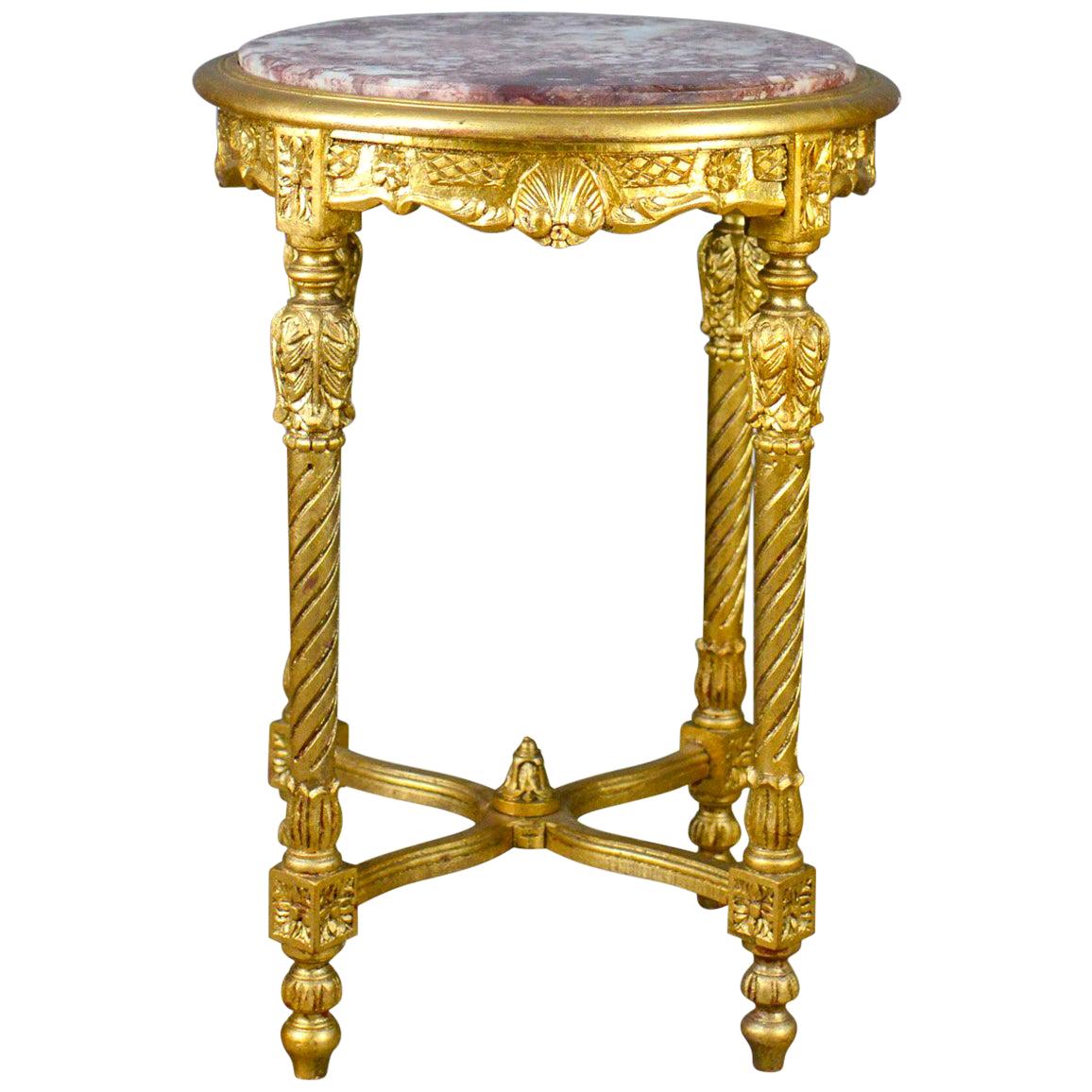 Table de lampe française, bois doré, marbre, néo-classique, occasionnelle, 20ème siècle