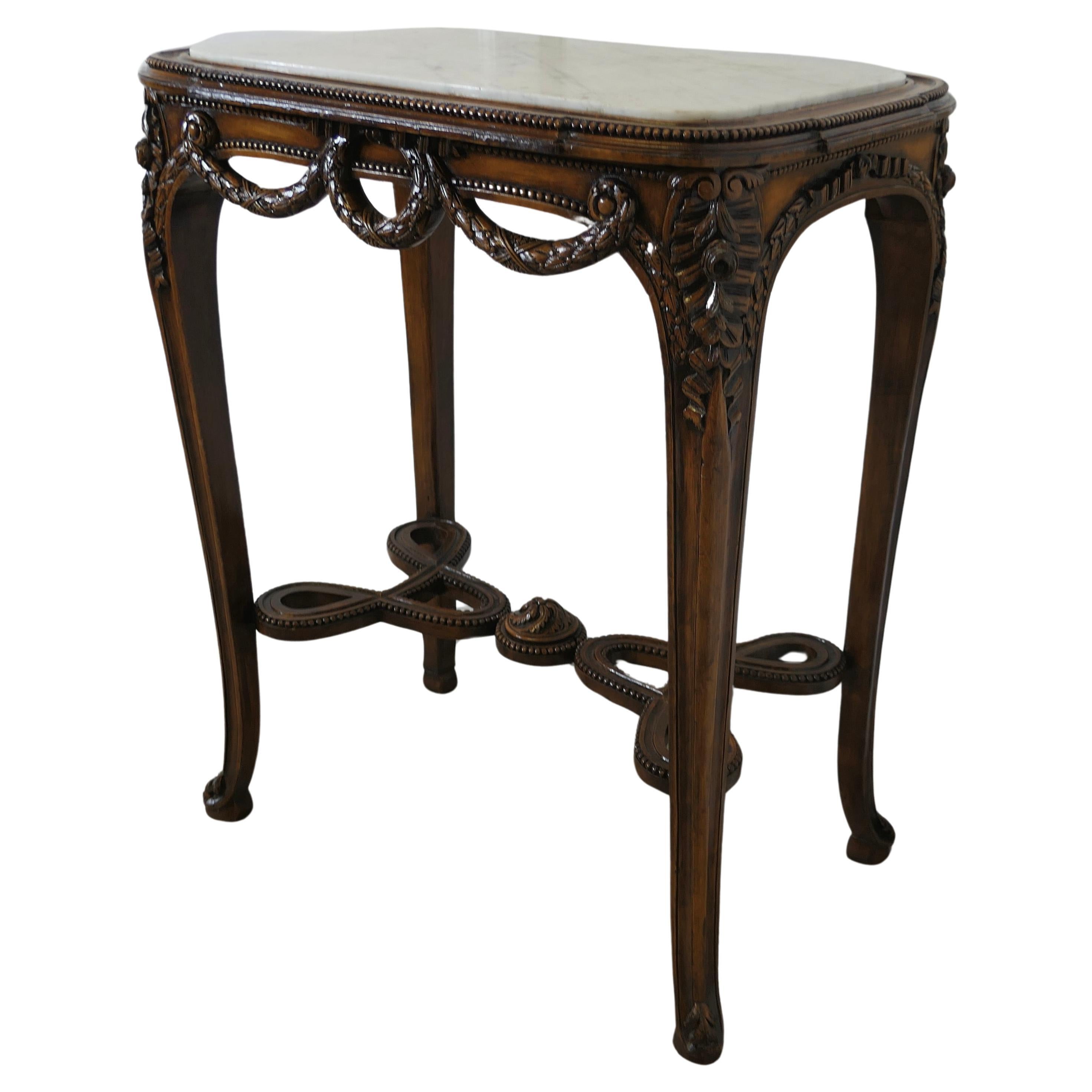 French Lamp Table with Carved Decoration and Marble Top For Sale