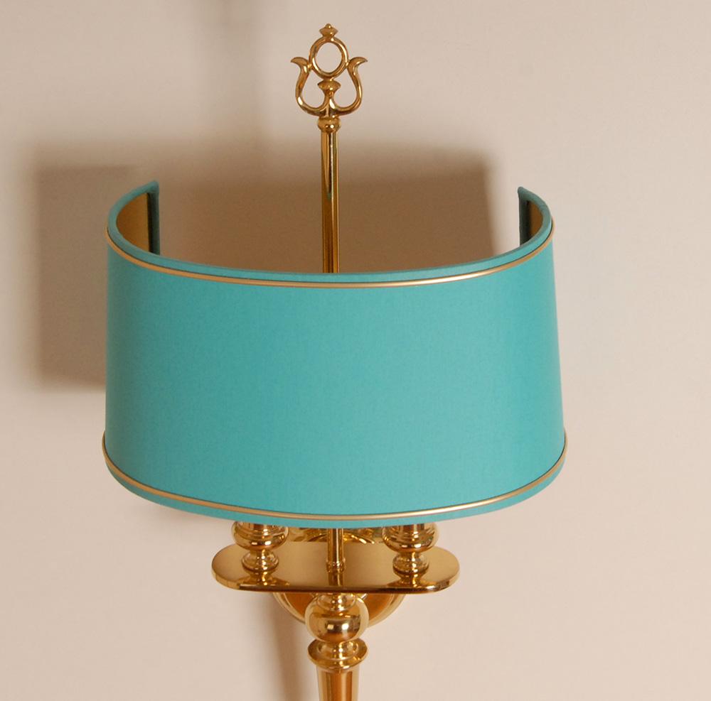 A pair French gold gilded bronze Bouilotte Wall Sconces, Empire Revival.
With matching cyan blue lampshades with a gold interior.
Style: French, Empire, English Mansion, Regency, Hollywood Regency Antique, Vintage, Mid Century
Design: Made in the
