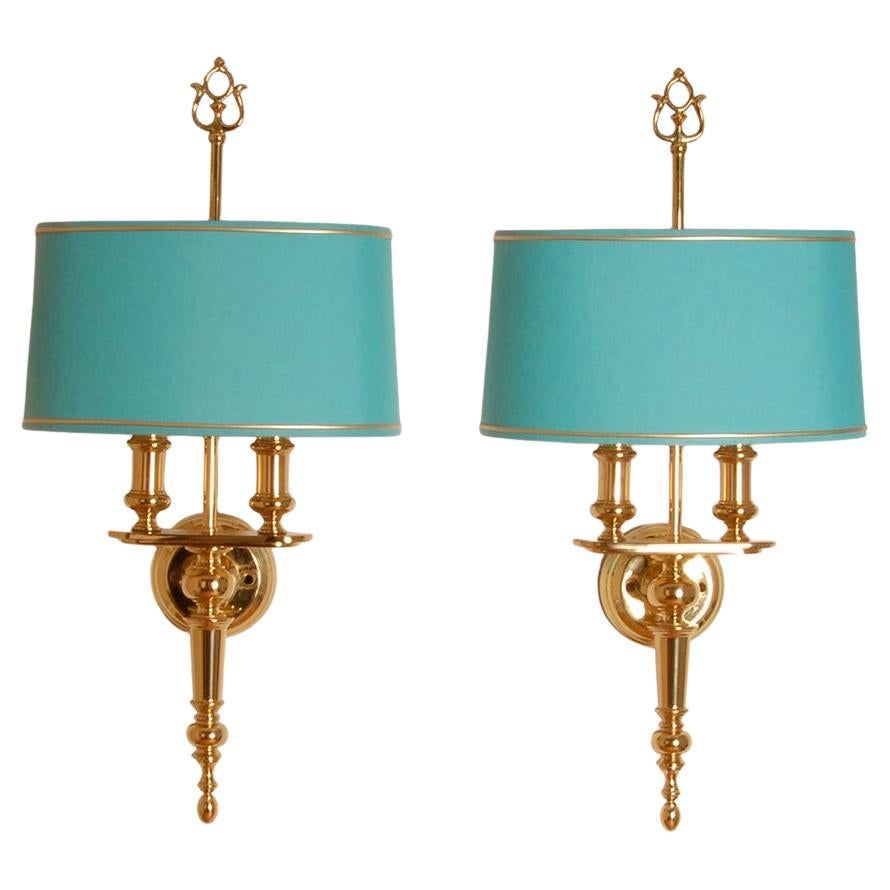 Lámparas francesas Imperio Bouillotte Imperio Apliques de pared Regencia Oro y Azul Un par en venta