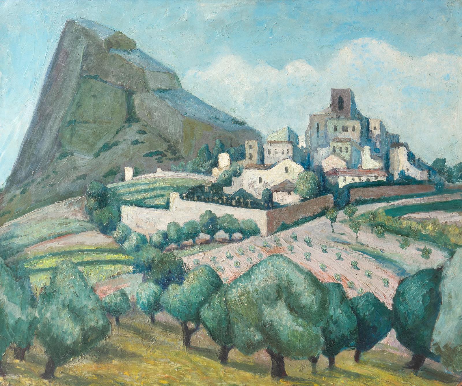 Hand-Painted French Landscape Antique Oil Painting Attributed To Adrian Paul Allinson, 1920s For Sale