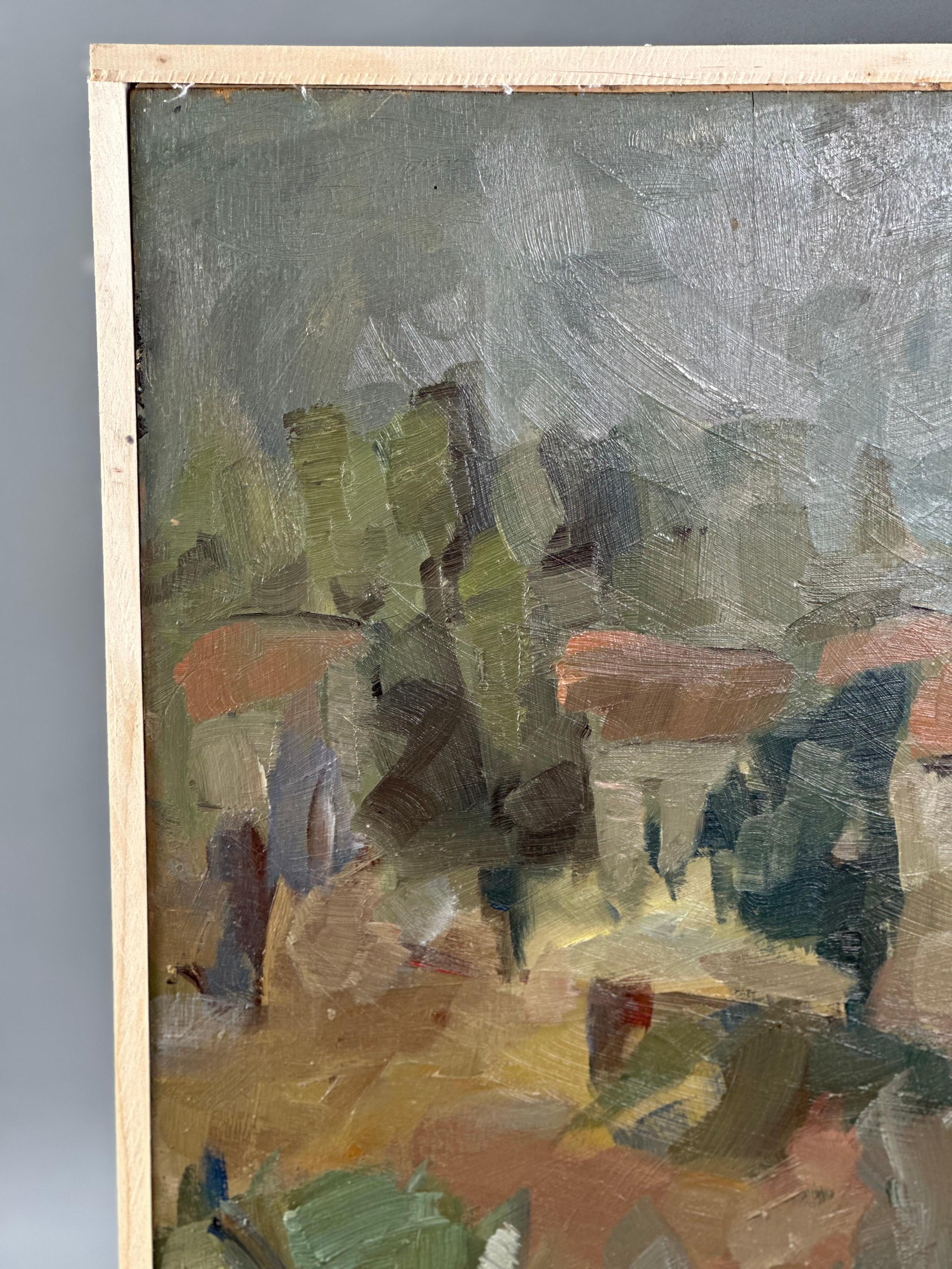 Erstaunliche, satte Farben in dieser horizontalen Landschaft eines südfranzösischen Dorfes des französischen Malers Daniel Clesse.  Clesse wurde 1932 in Paris geboren. In den 1970er Jahren zog er nach Südfrankreich, wo er bis zu seinem Tod im Jahr