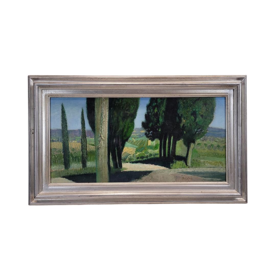 Unico nel suo genere e molto bello  opera di René Genis, pittore francese noto per il suo stile sereno e poetico, raffigura un campo seminato da una prospettiva insolita, tagliato da un primo piano di cipressi. Disponendo abilmente gli elementi,