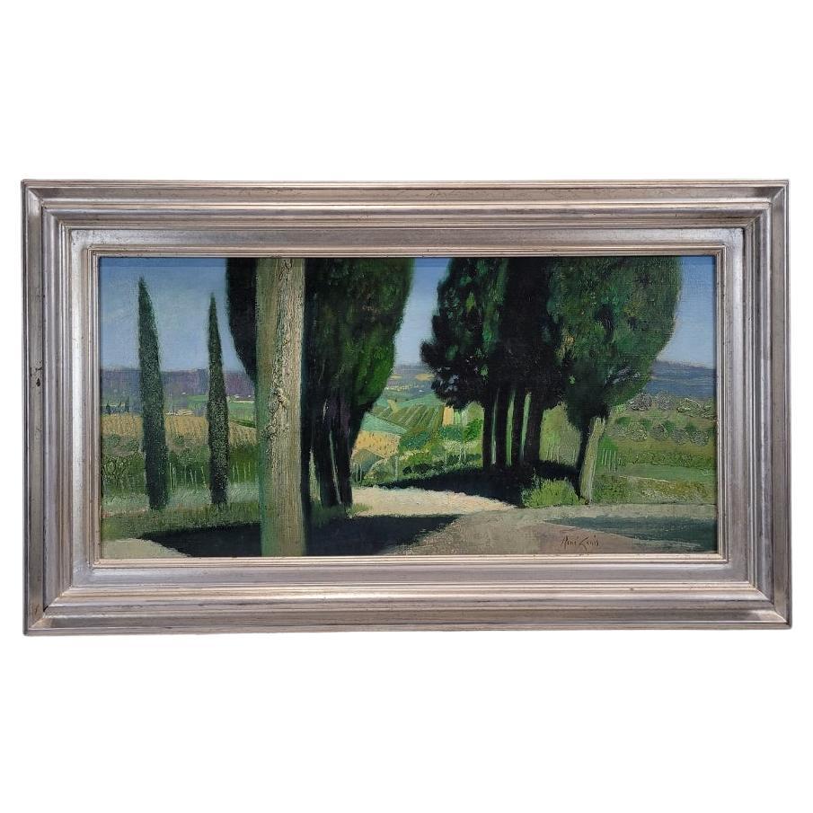 Quadro paesaggistico francese di René Genis "Il viale dei cipressi"