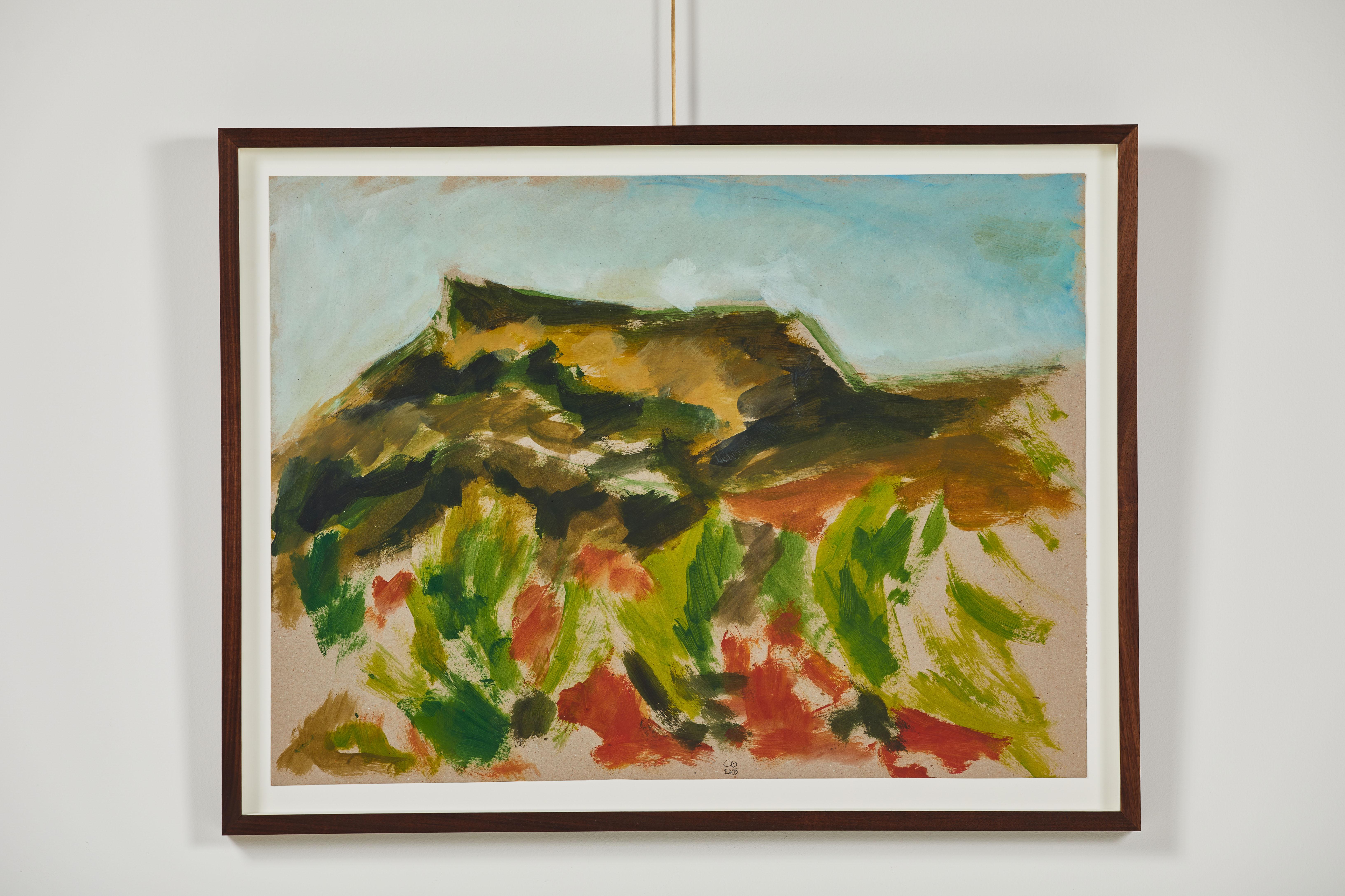 Paysage français peint sur papier par Caroline Beauzon:: nouvellement encadré en noyer.
