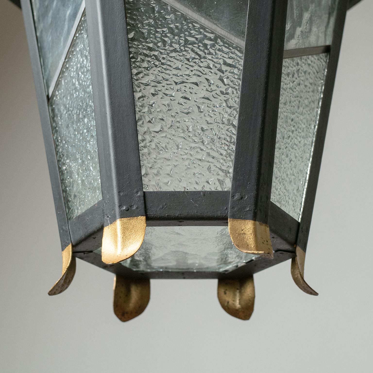 Mid-Century Modern French Lantern, 1960s, Steel and Textured Glass