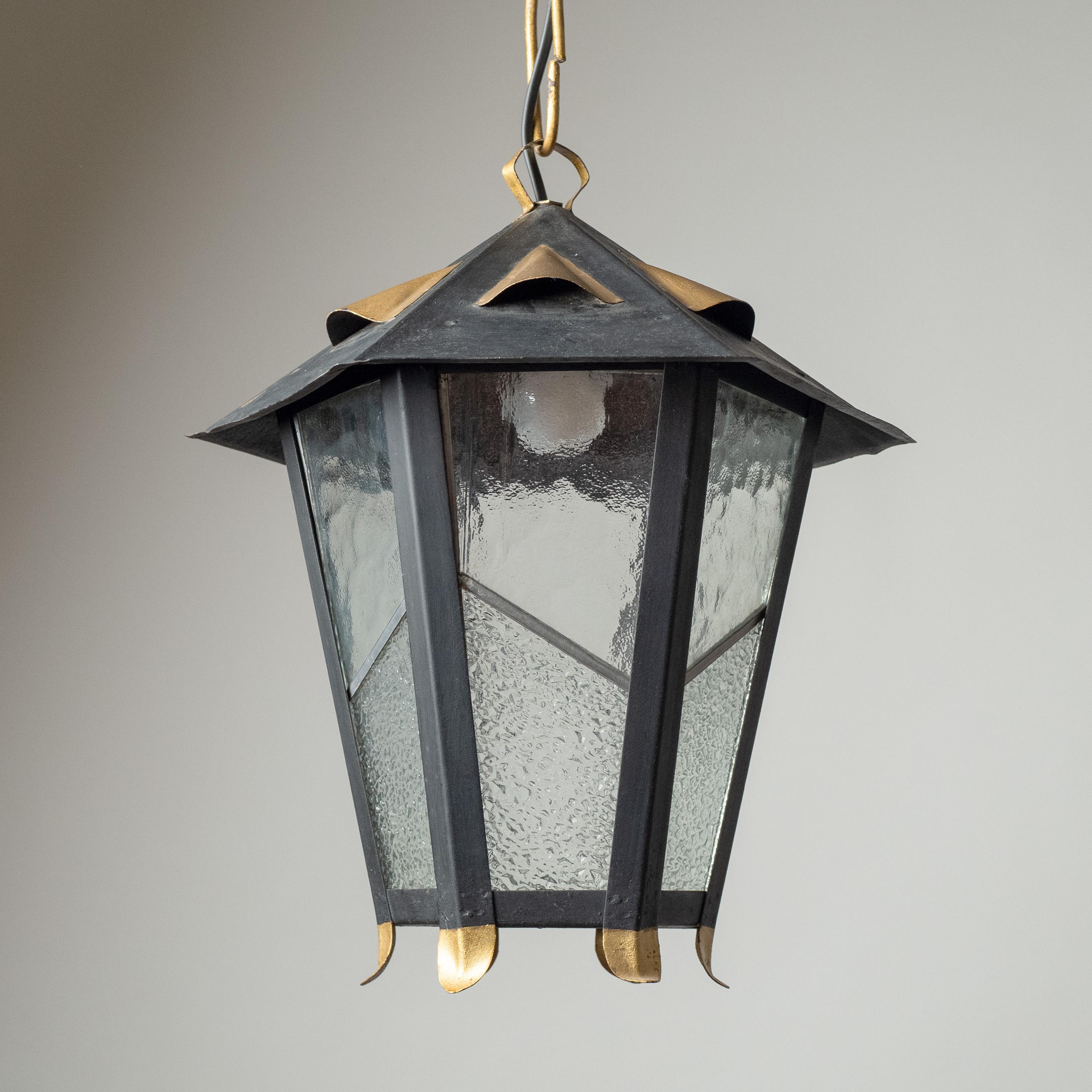 Lacquered French Lantern, 1960s, Steel and Textured Glass