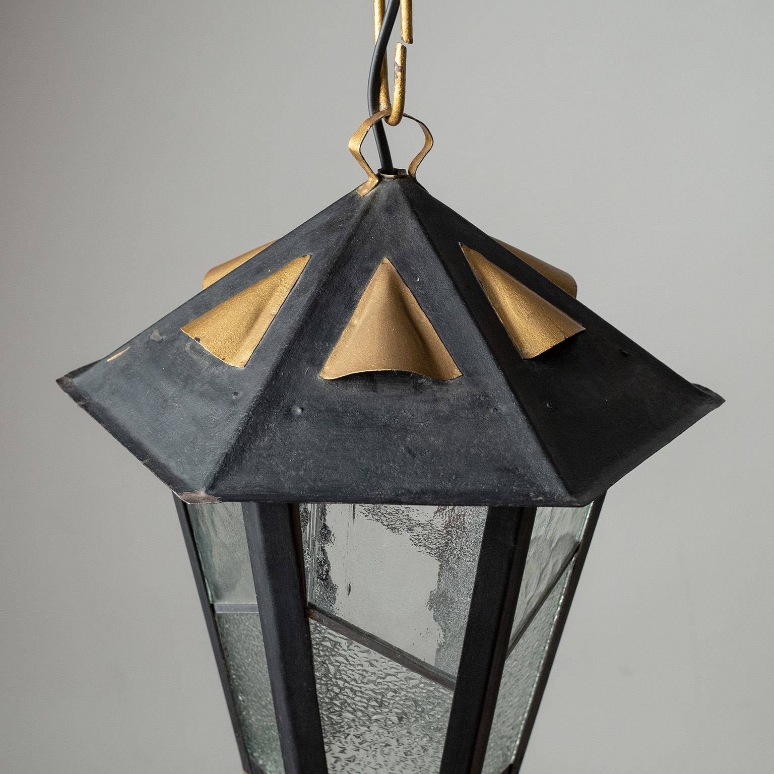 Mid-20th Century French Lantern, 1960s, Steel and Textured Glass