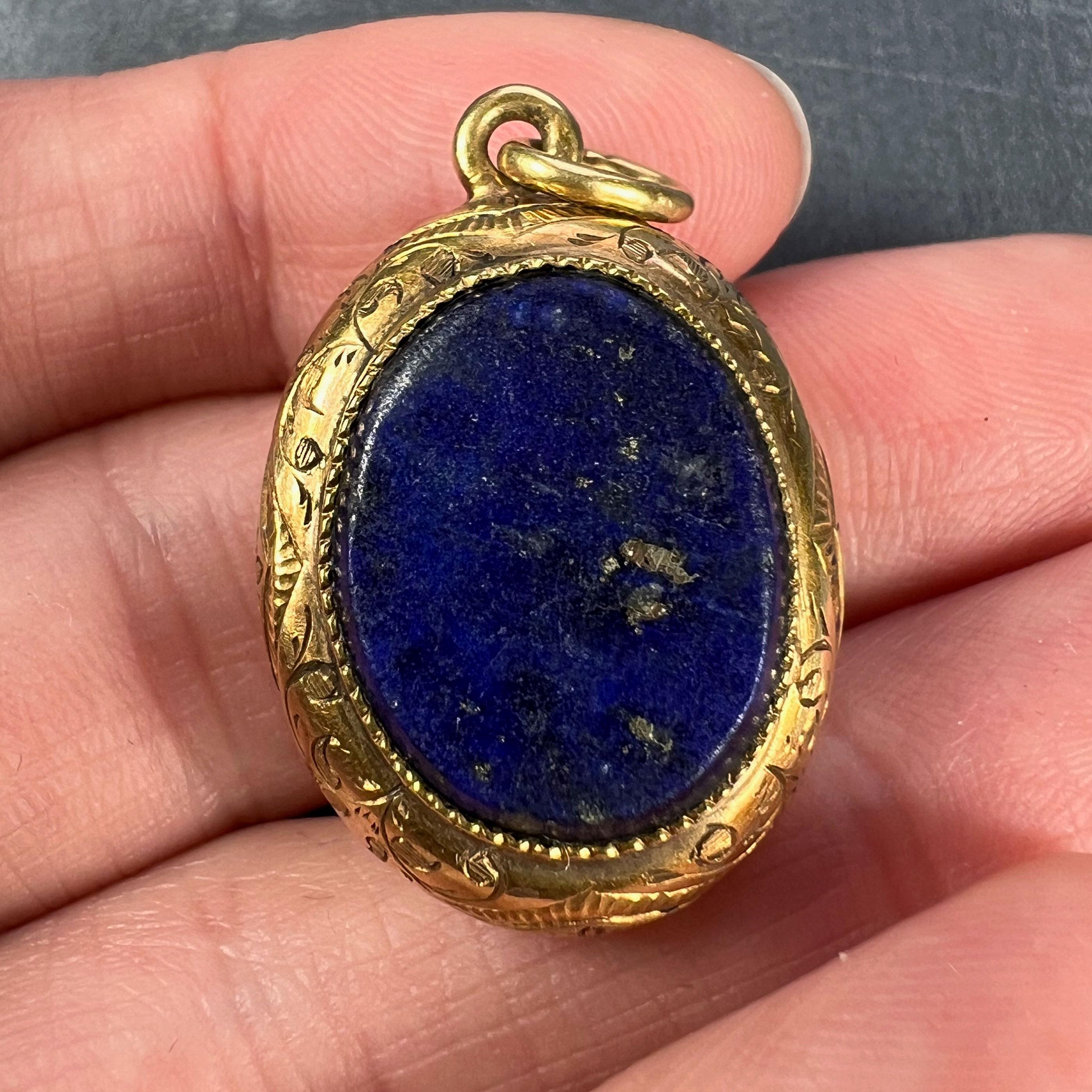 Oval Cut French Lapis Lazuli 18K Yellow Gold Charm Pendant  For Sale