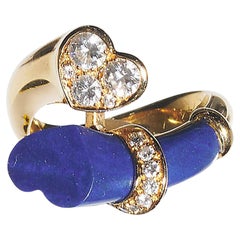 French Lapis Lazuli, Diamond and Gold Entwined Heart Crossover Ring, circa 1990