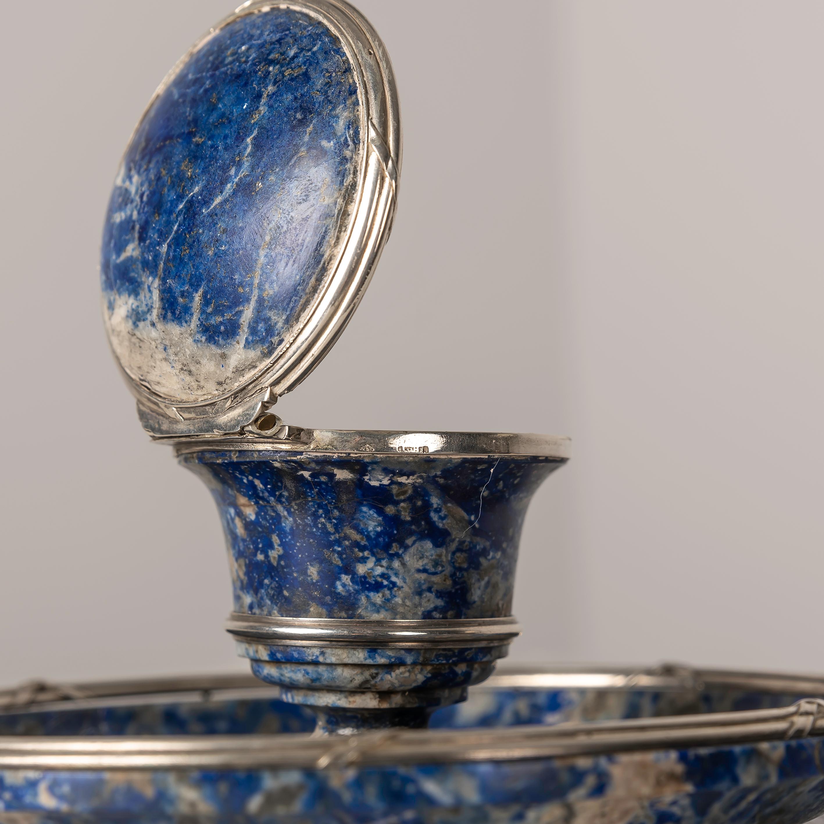 French Lapislazuli and Silver Inkwell by Gustave Keller, 1920s In Good Condition For Sale In BARCELONA, ES