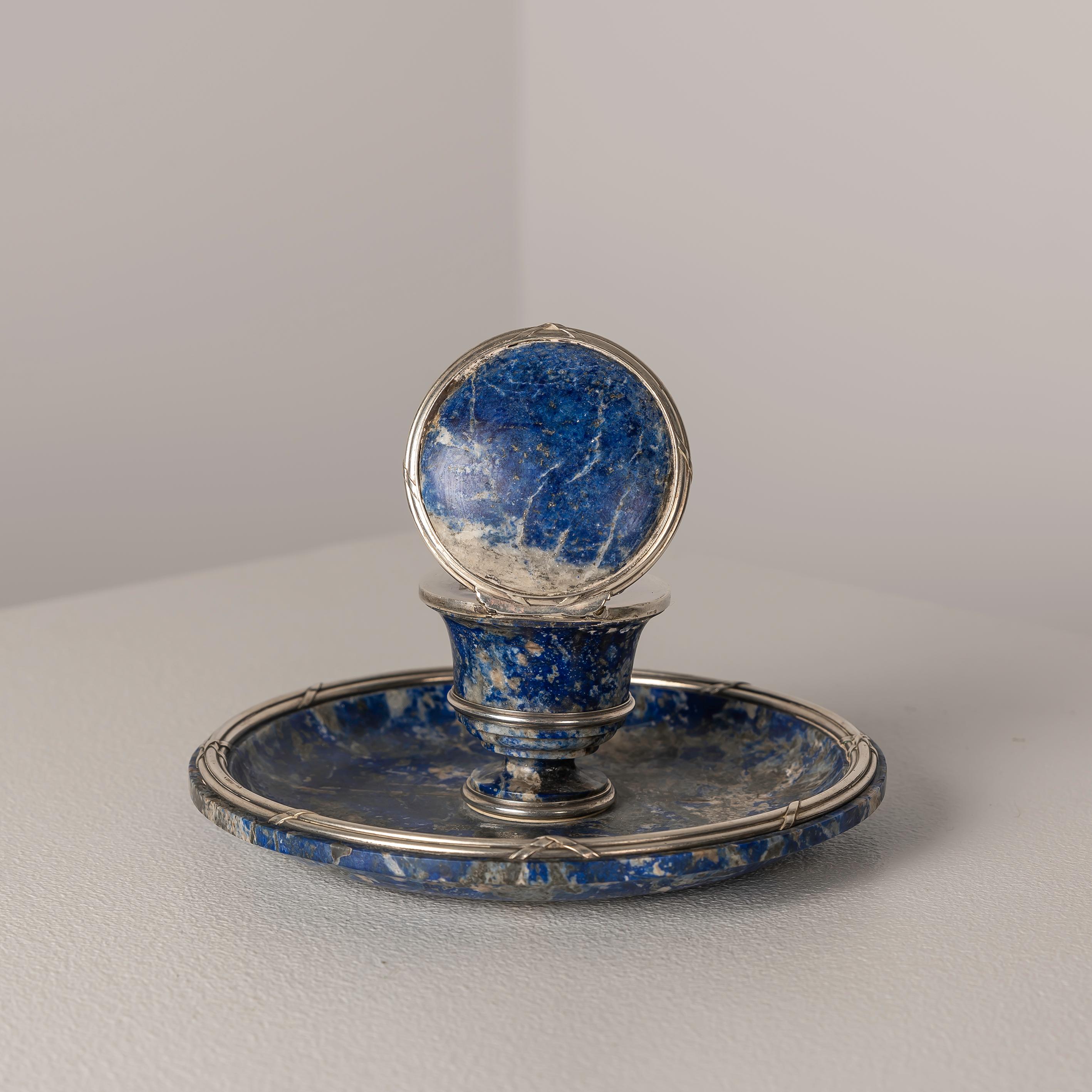 Early 20th Century French Lapislazuli and Silver Inkwell by Gustave Keller, 1920s For Sale