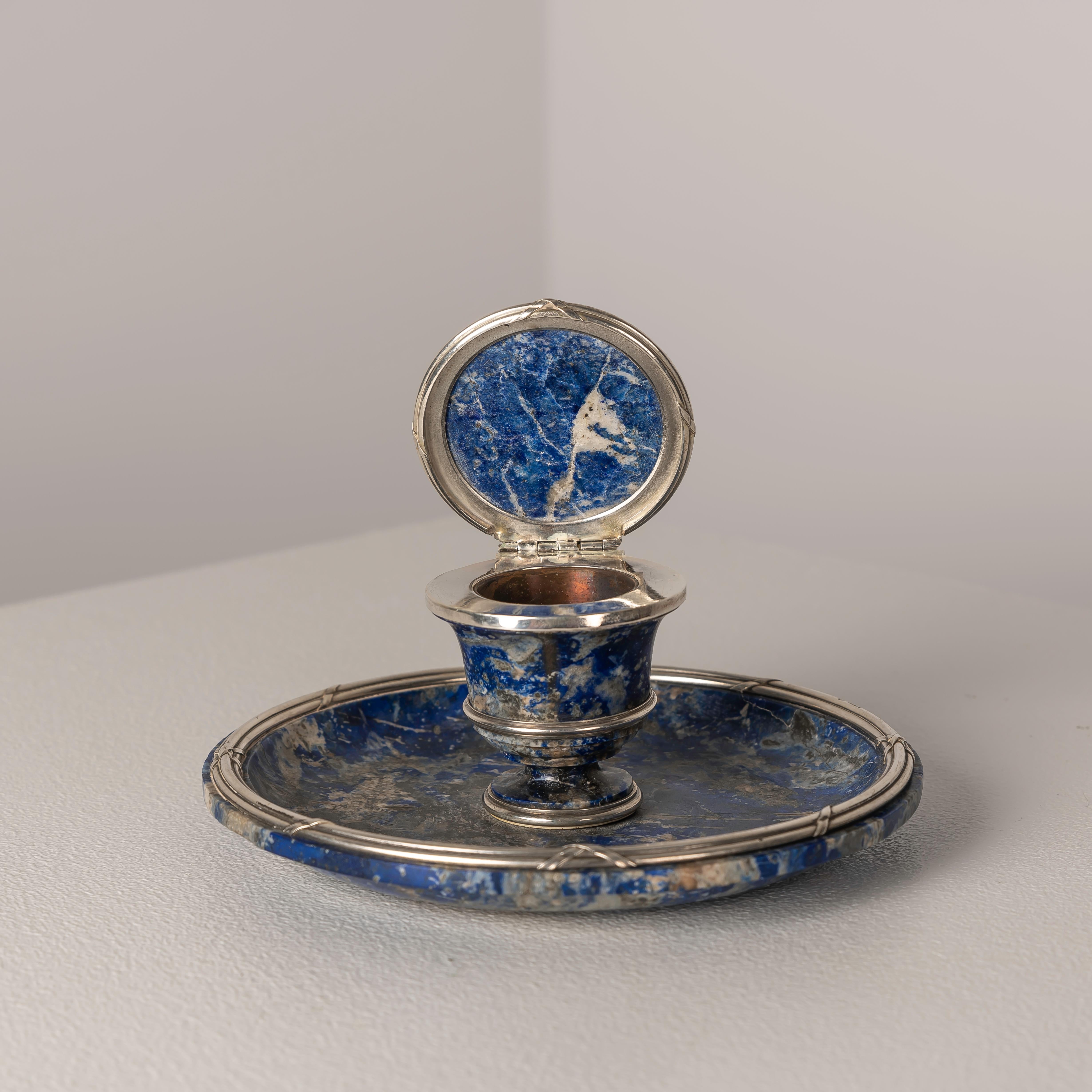 French Lapislazuli and Silver Inkwell by Gustave Keller, 1920s For Sale 1
