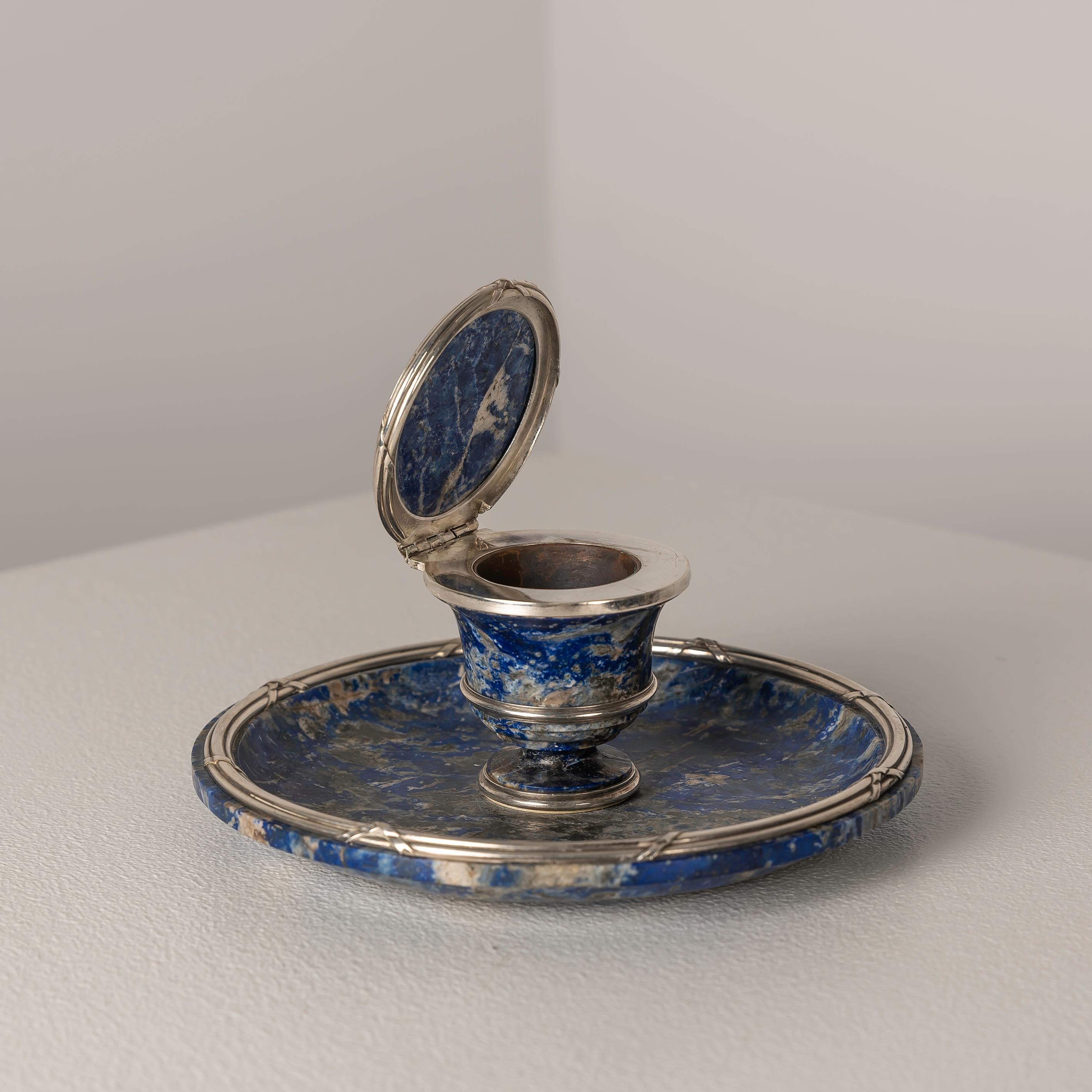 French Lapislazuli and Silver Inkwell by Gustave Keller, 1920s For Sale 2