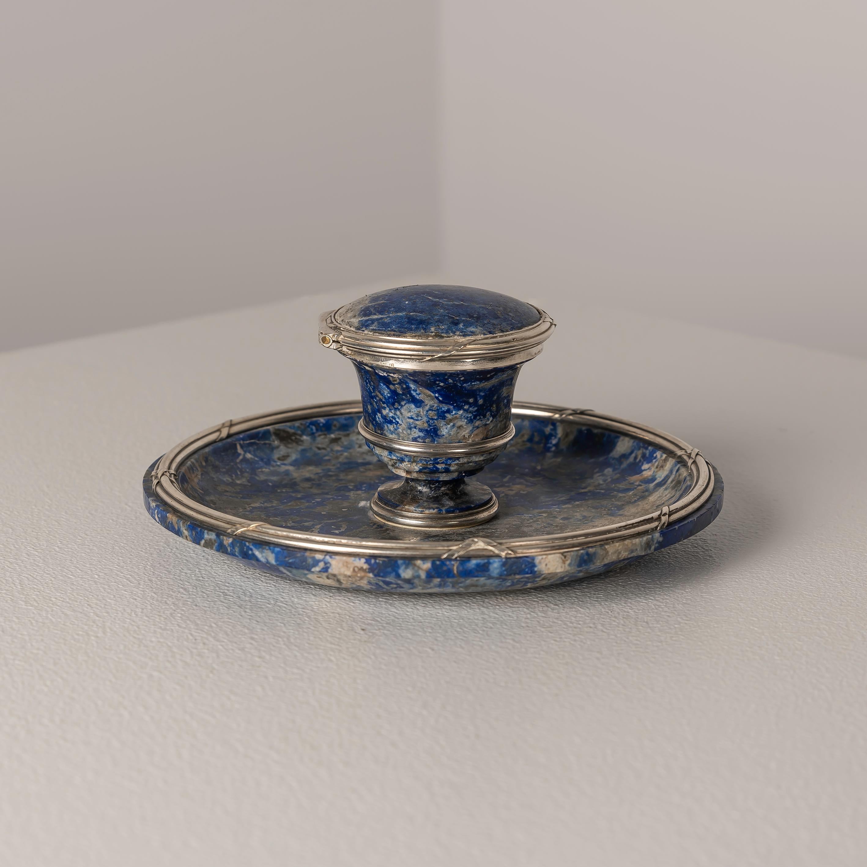 French Lapislazuli and Silver Inkwell by Gustave Keller, 1920s For Sale 3