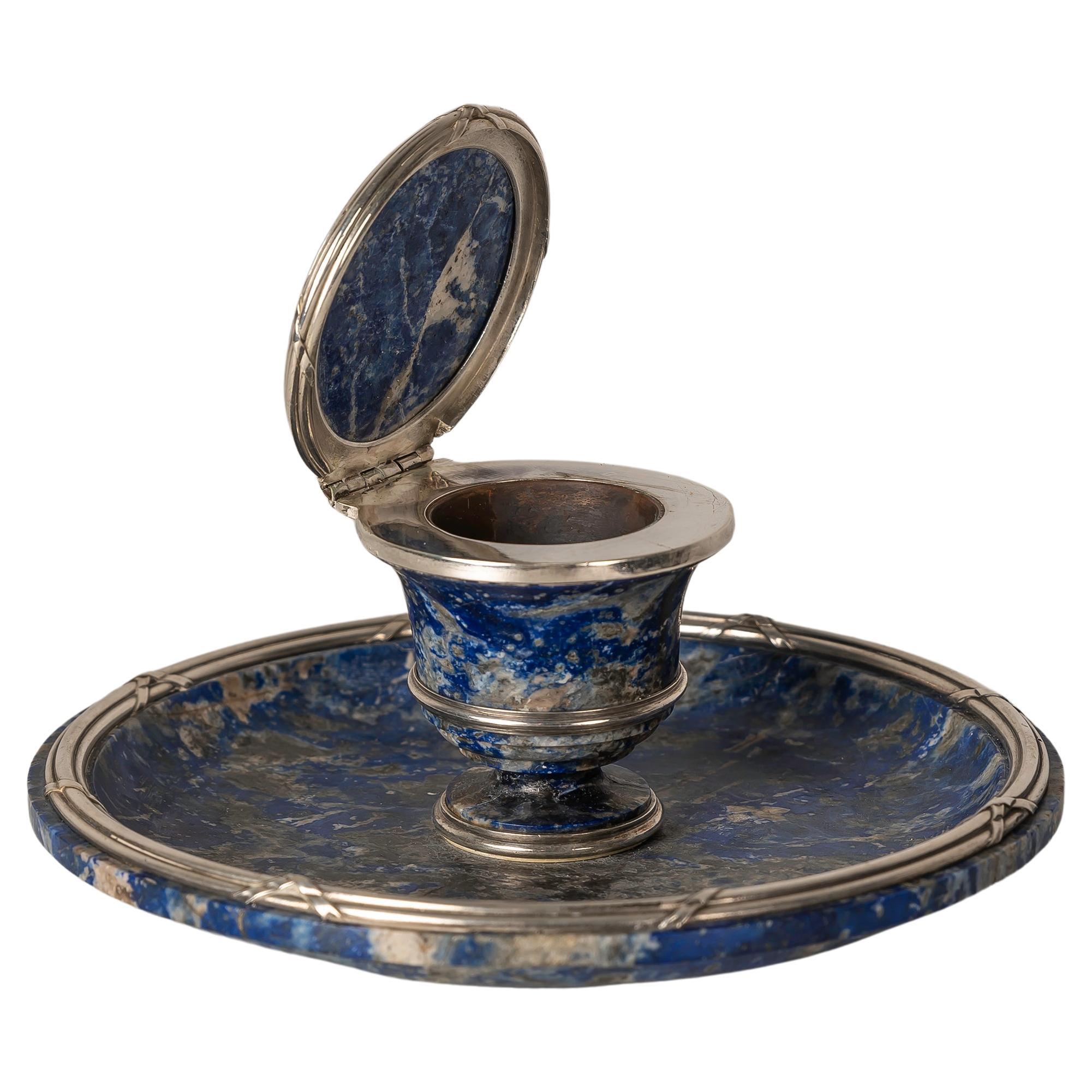 French Lapislazuli and Silver Inkwell by Gustave Keller, 1920s For Sale