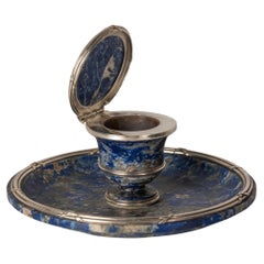 Antique French Lapislazuli and Silver Inkwell by Gustave Keller, 1920s