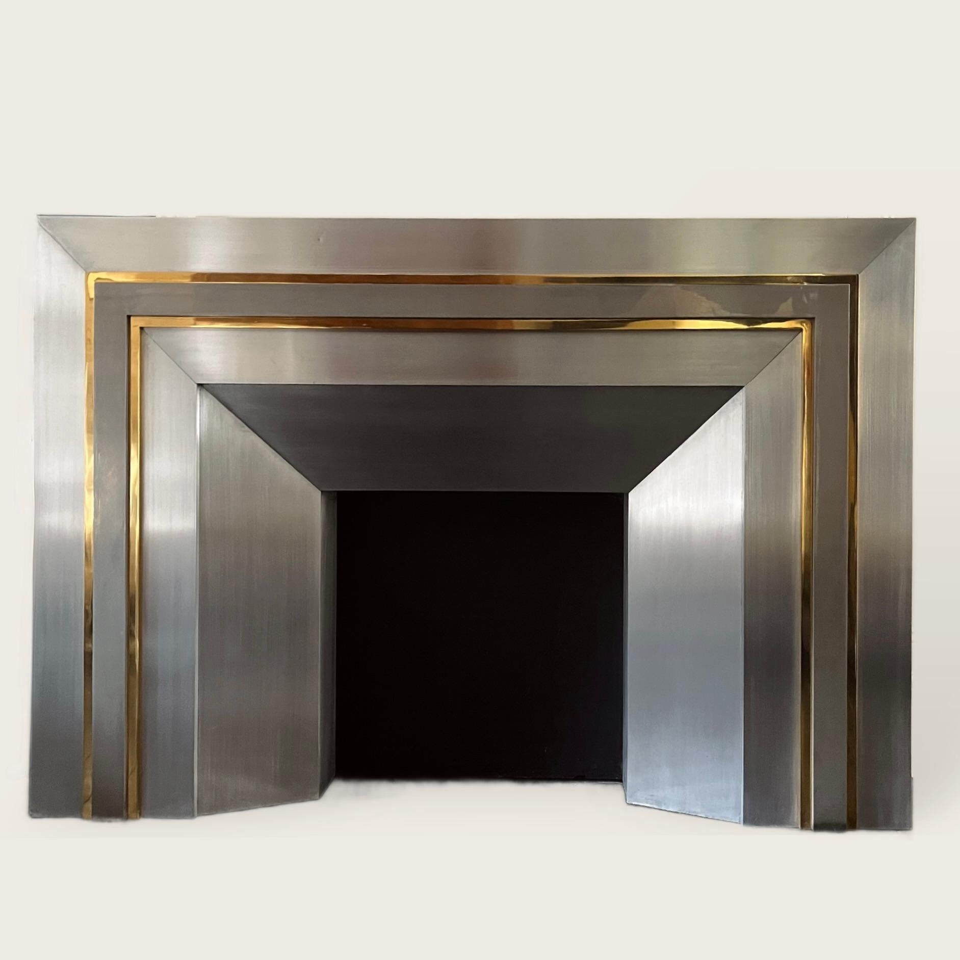 French Maison Jansen Large 1970s Steel and Brass Fireplace Surround For Sale
