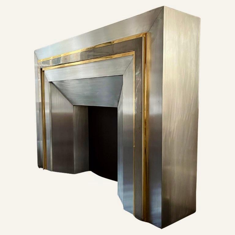 Maison Jansen Large 1970s Steel and Brass Fireplace Surround For Sale 1