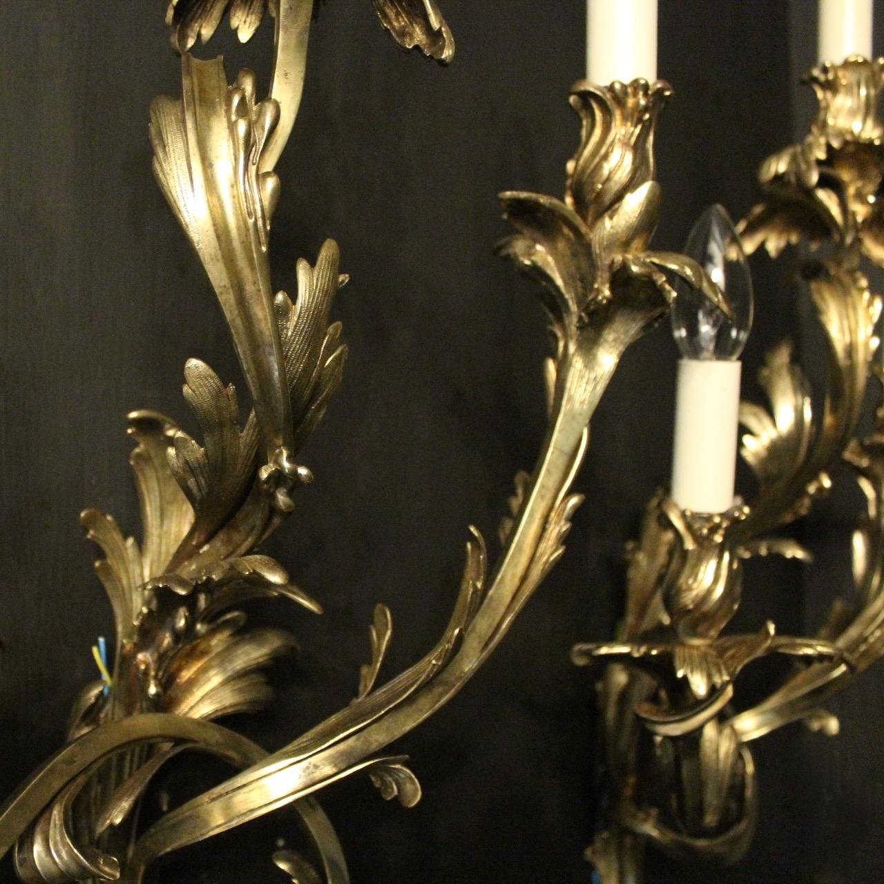 Rococo French Large 19th Century Pair of Triple Arm Antique Wall Sconces For Sale