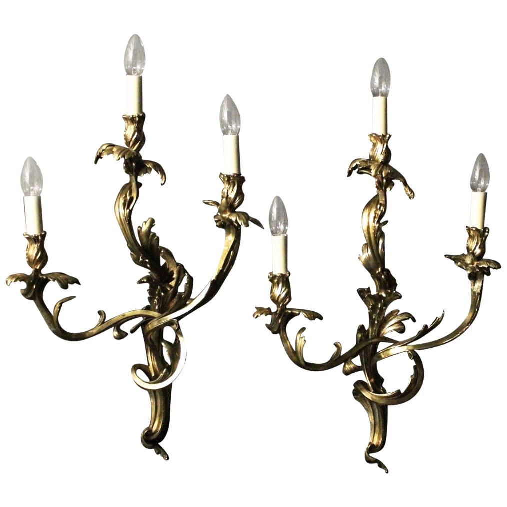 French Large 19th Century Pair of Triple Arm Antique Wall Sconces For Sale