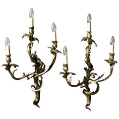 French Large 19th Century Pair of Triple Arm Antique Wall Sconces