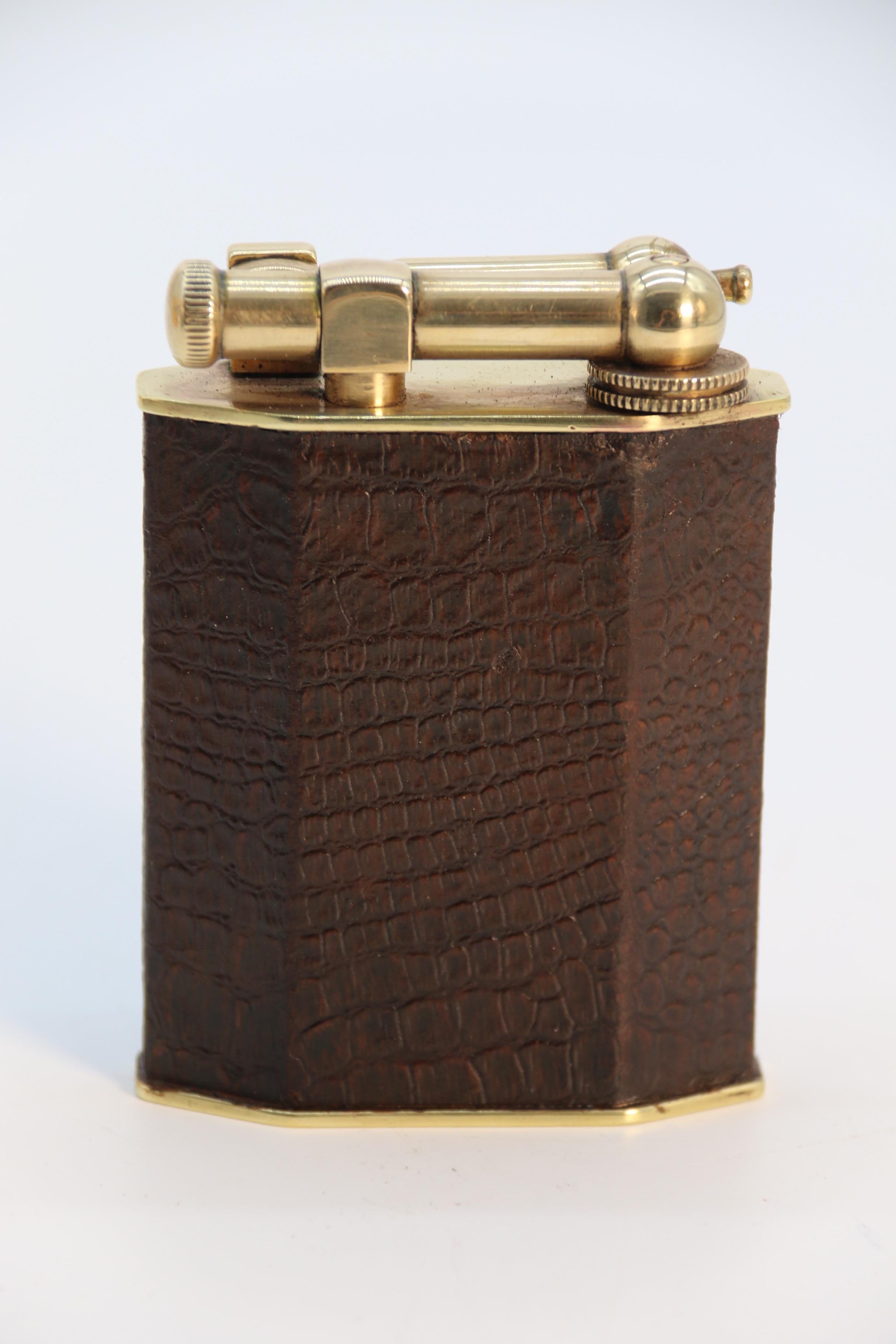 20th Century French large Art Deco brass and leather table lighter by Polaire of Paris c 1920 For Sale