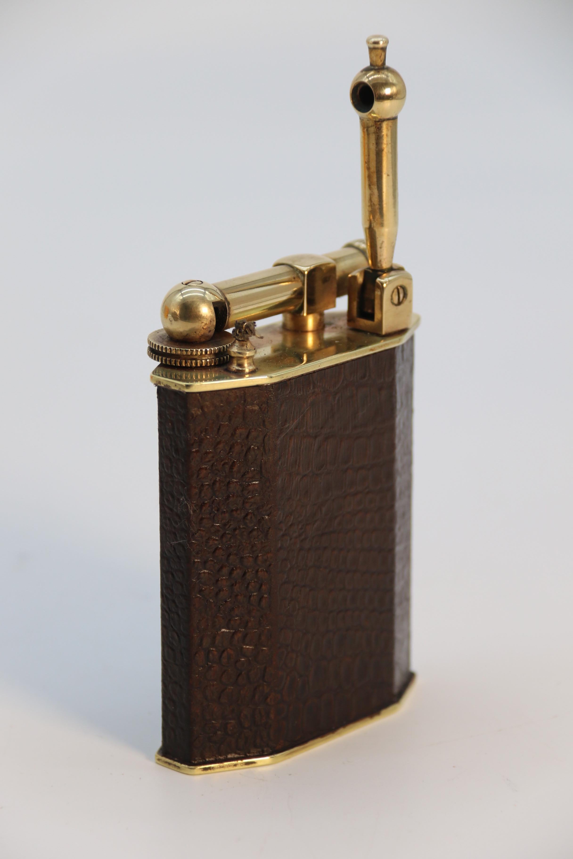 Leather French large Art Deco brass and leather table lighter by Polaire of Paris c 1920 For Sale