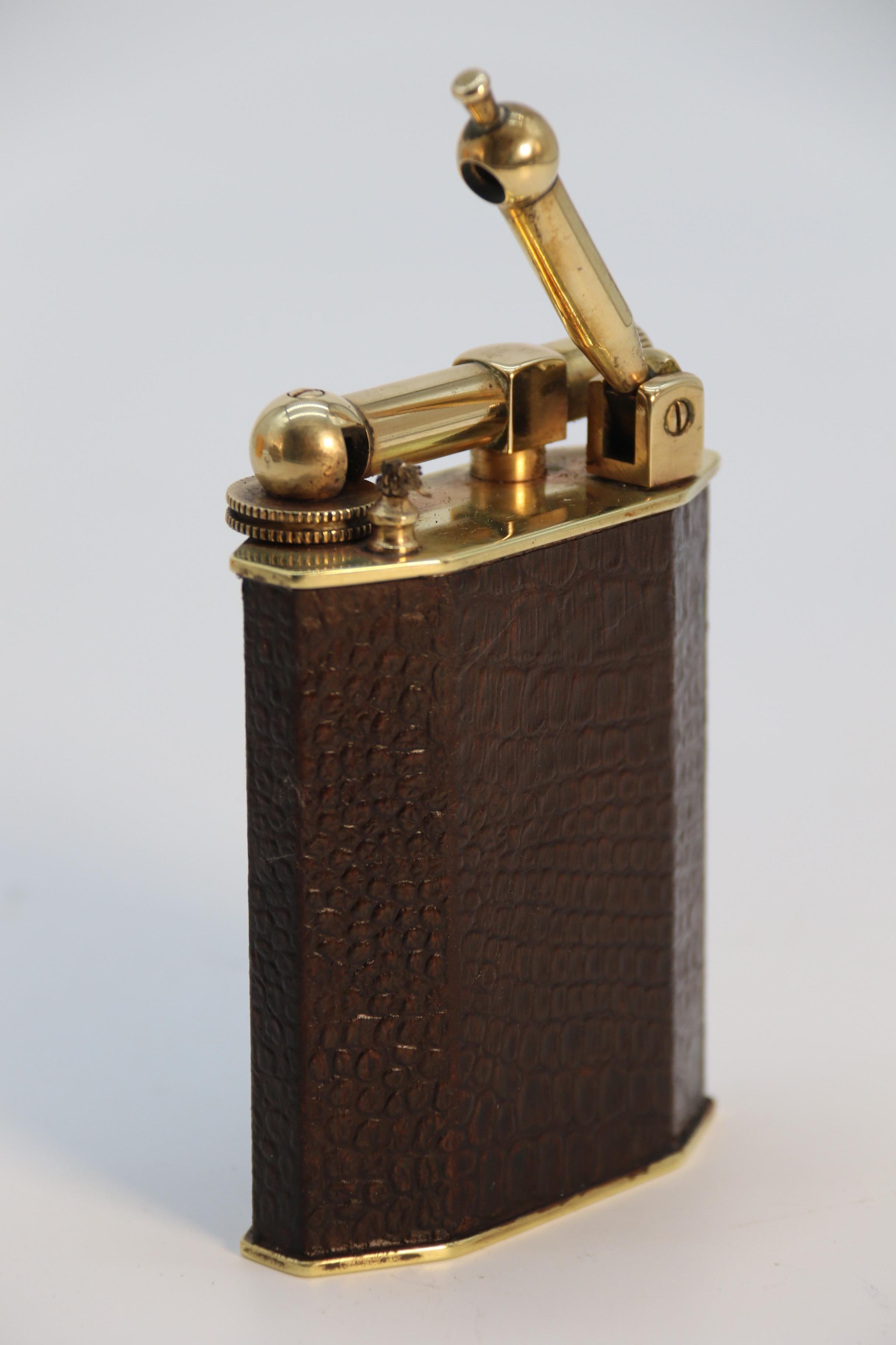 French large Art Deco brass and leather table lighter by Polaire of Paris c 1920 For Sale 1
