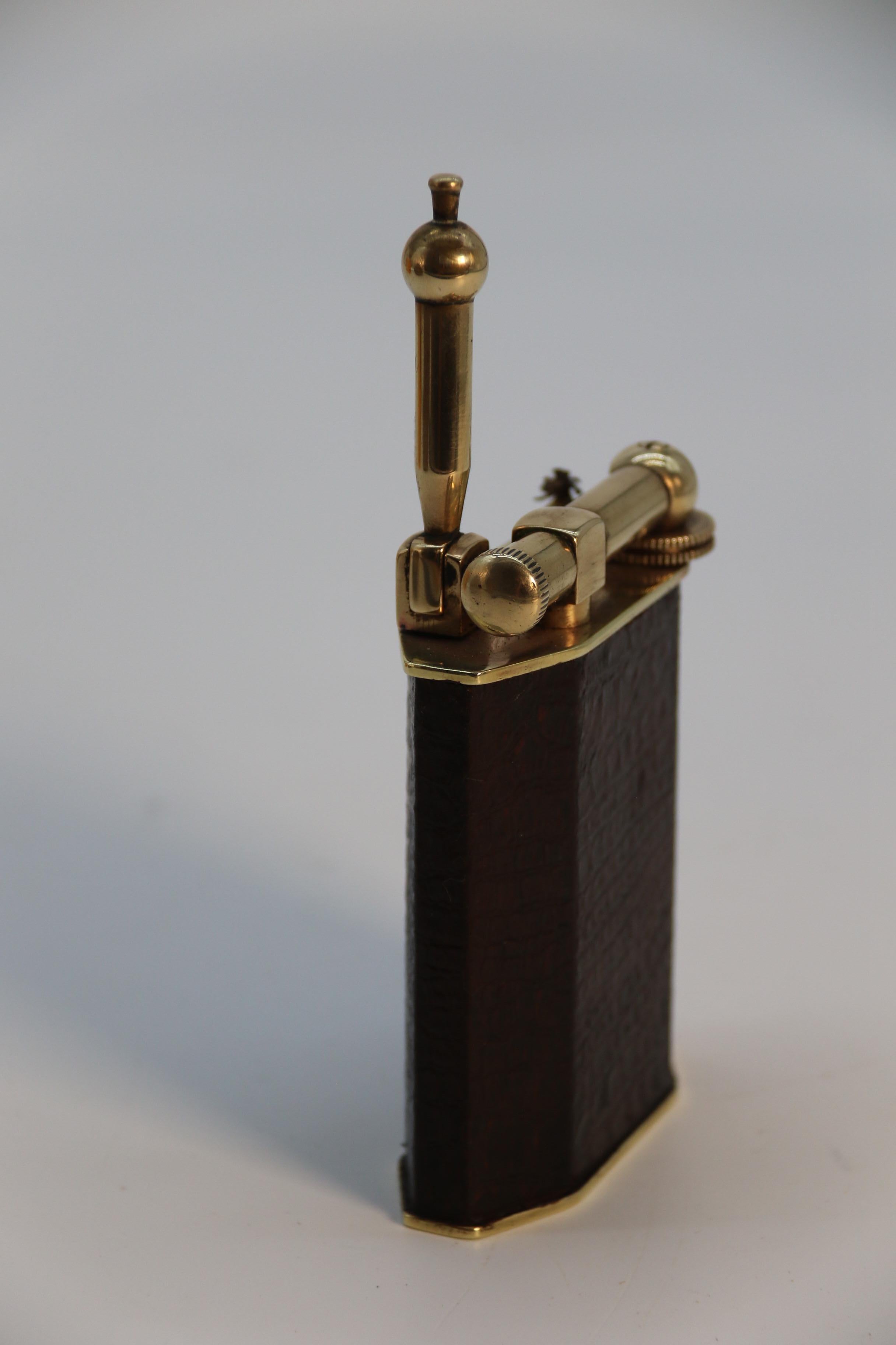 French large Art Deco brass and leather table lighter by Polaire of Paris c 1920 For Sale 2