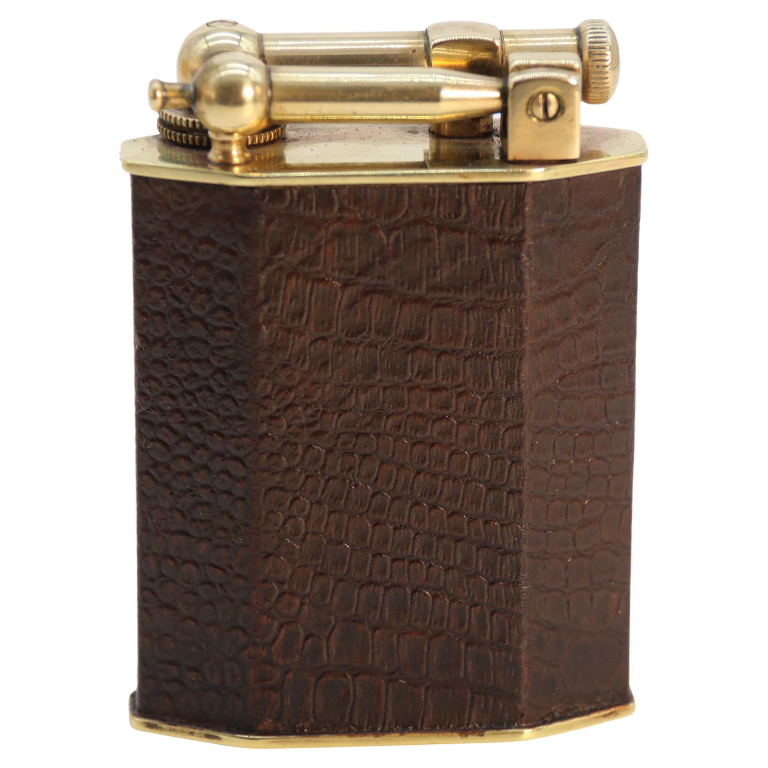 French large Art Deco brass and leather table lighter by Polaire of Paris c 1920