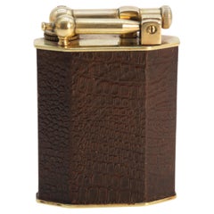 French large Art Deco brass and leather table lighter by Polaire of Paris c 1920