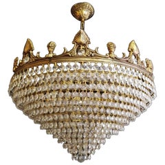 Antique French Large Art Deco Crystal Bronze 5-Light Chandelier or Flush Mount, 1930s