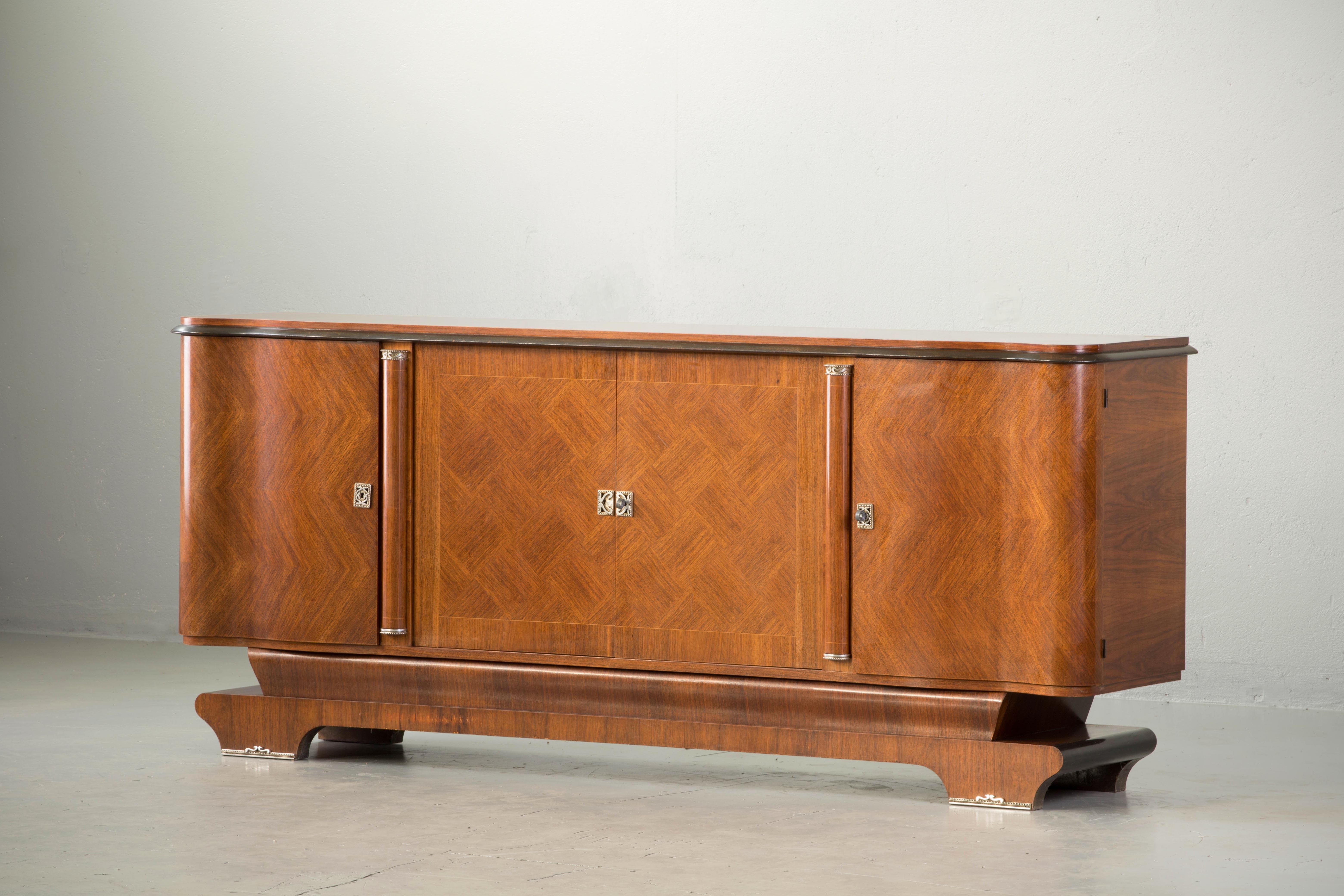 Mahogany French Large Art Deco Sideboard with French Art Marquetry, 1940s