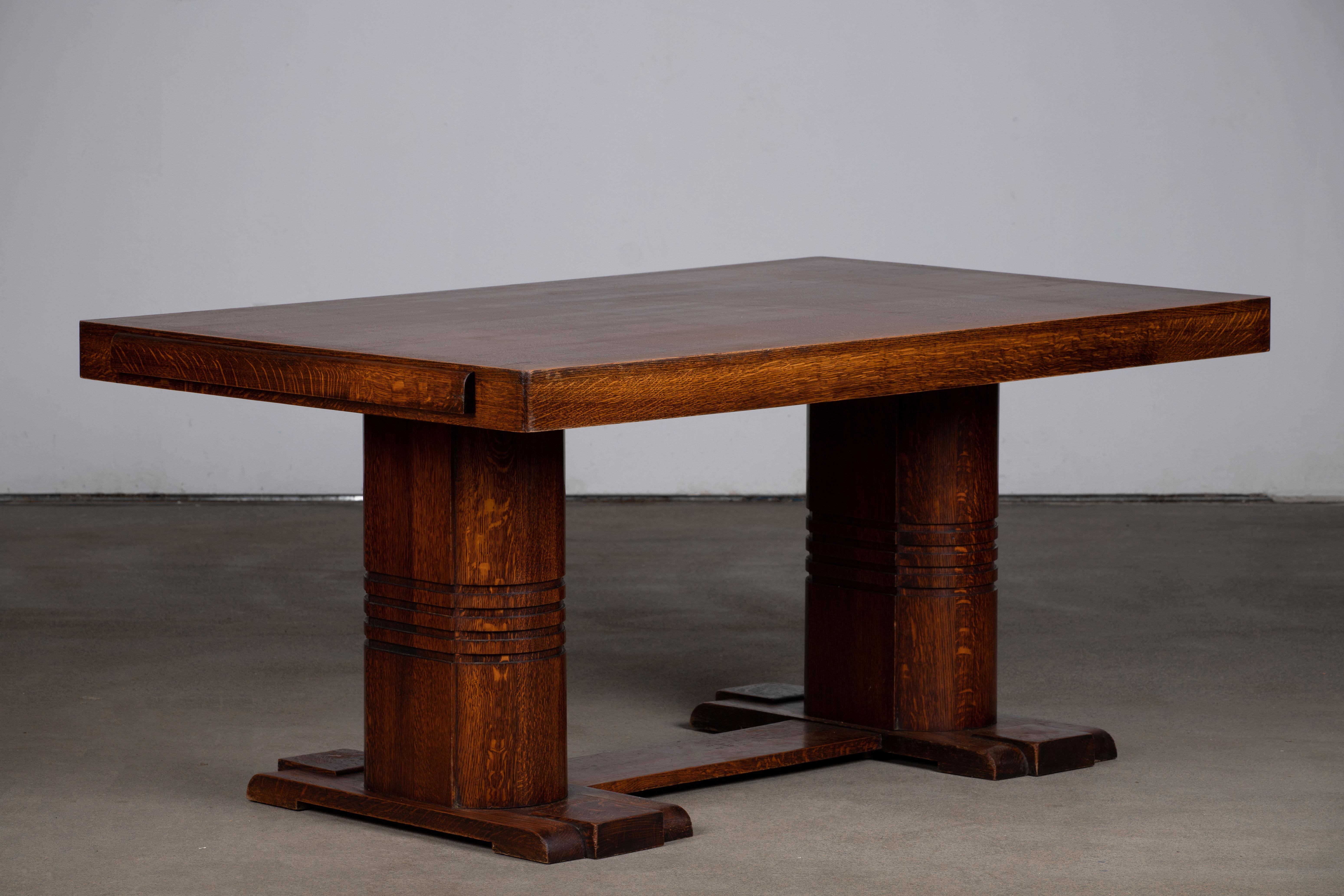 French Large Art Deco Table Oak, Dudouyt, 1940s For Sale 6