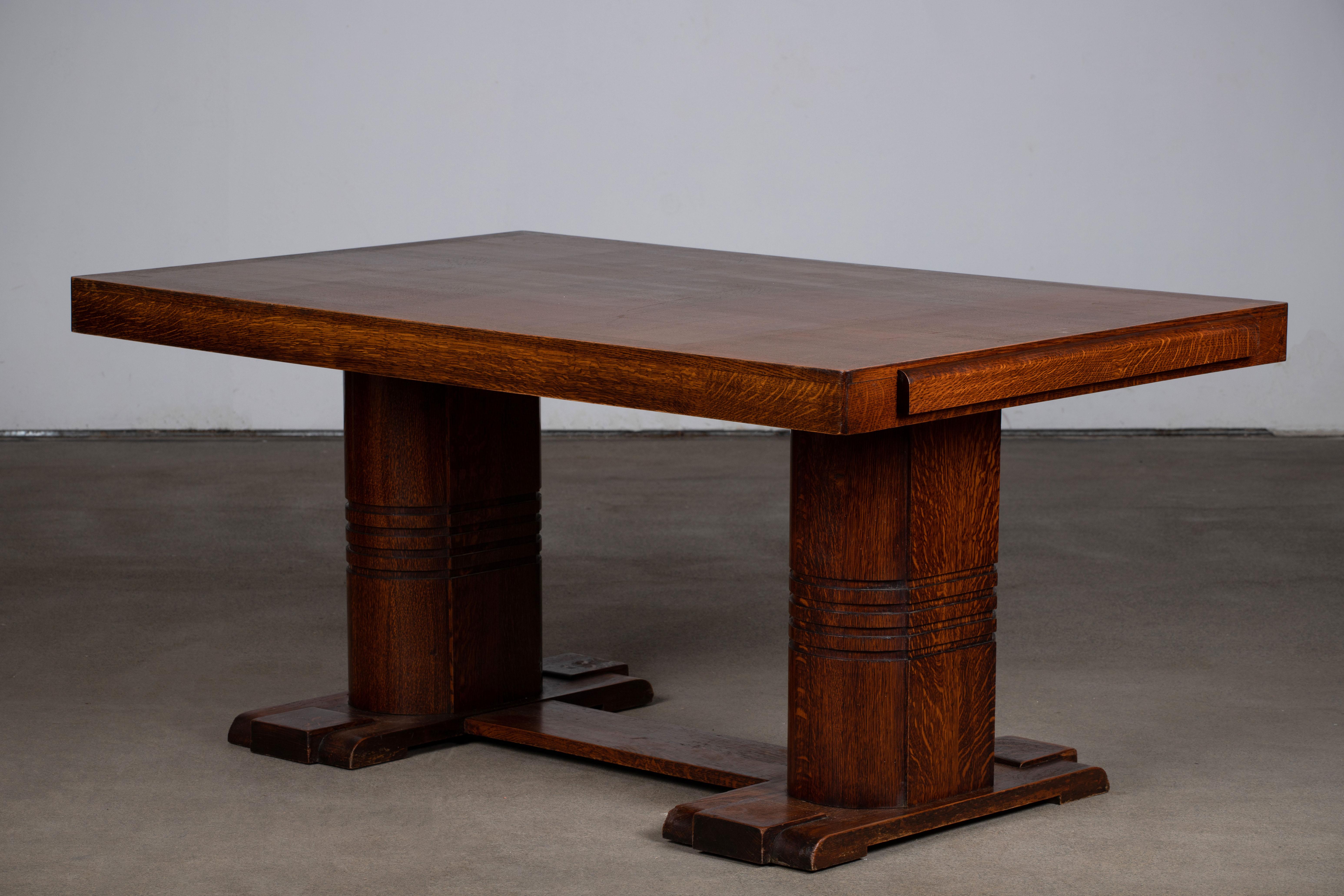 French Large Art Deco Table Oak, Dudouyt, 1940s For Sale 9