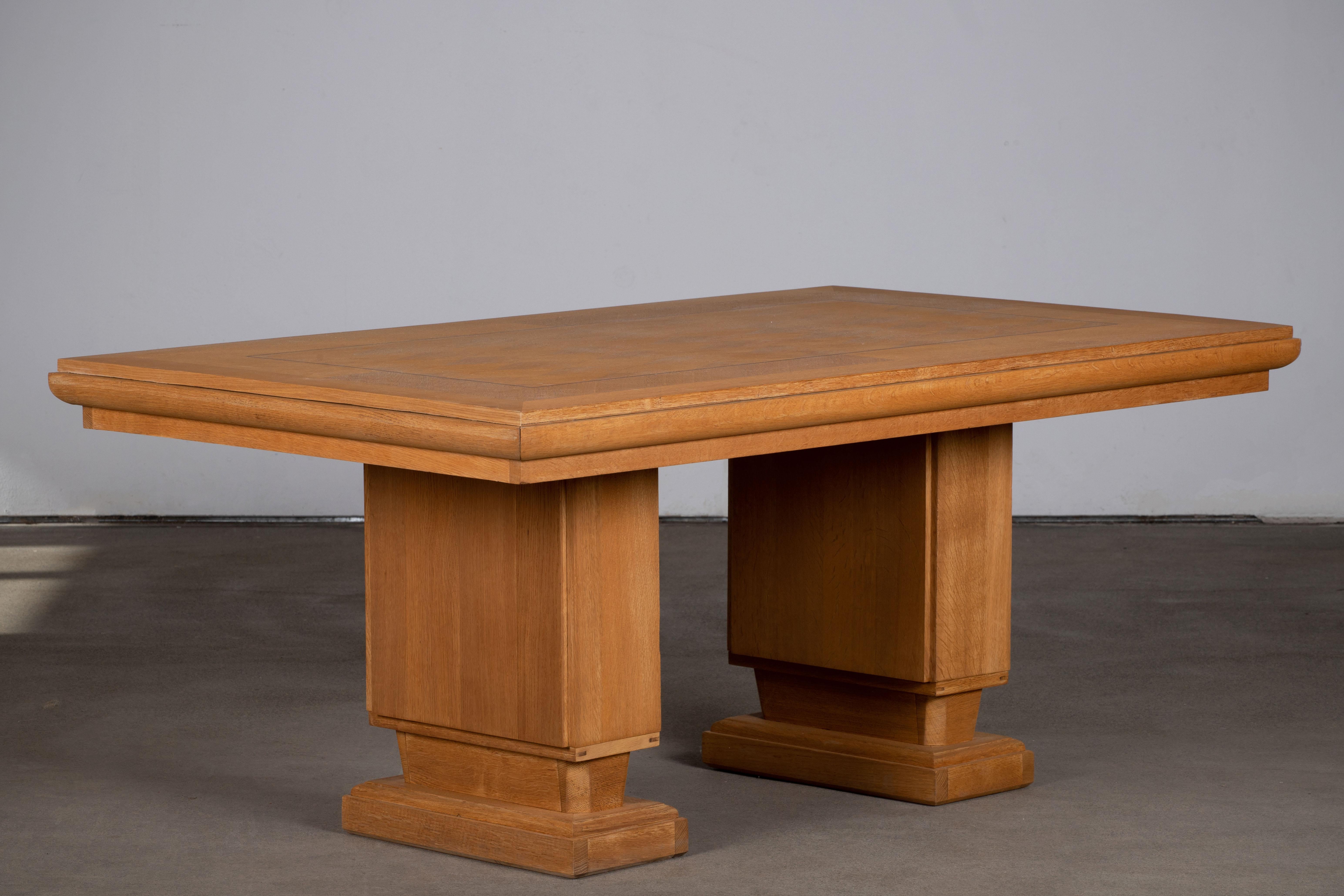 French Large Art Deco Table Oak, Dudouyt, 1940s For Sale 9