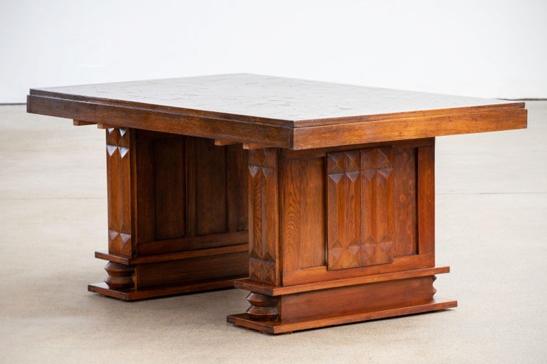 French Large Art Deco Table Oak, Dudouyt, 1940s For Sale 11