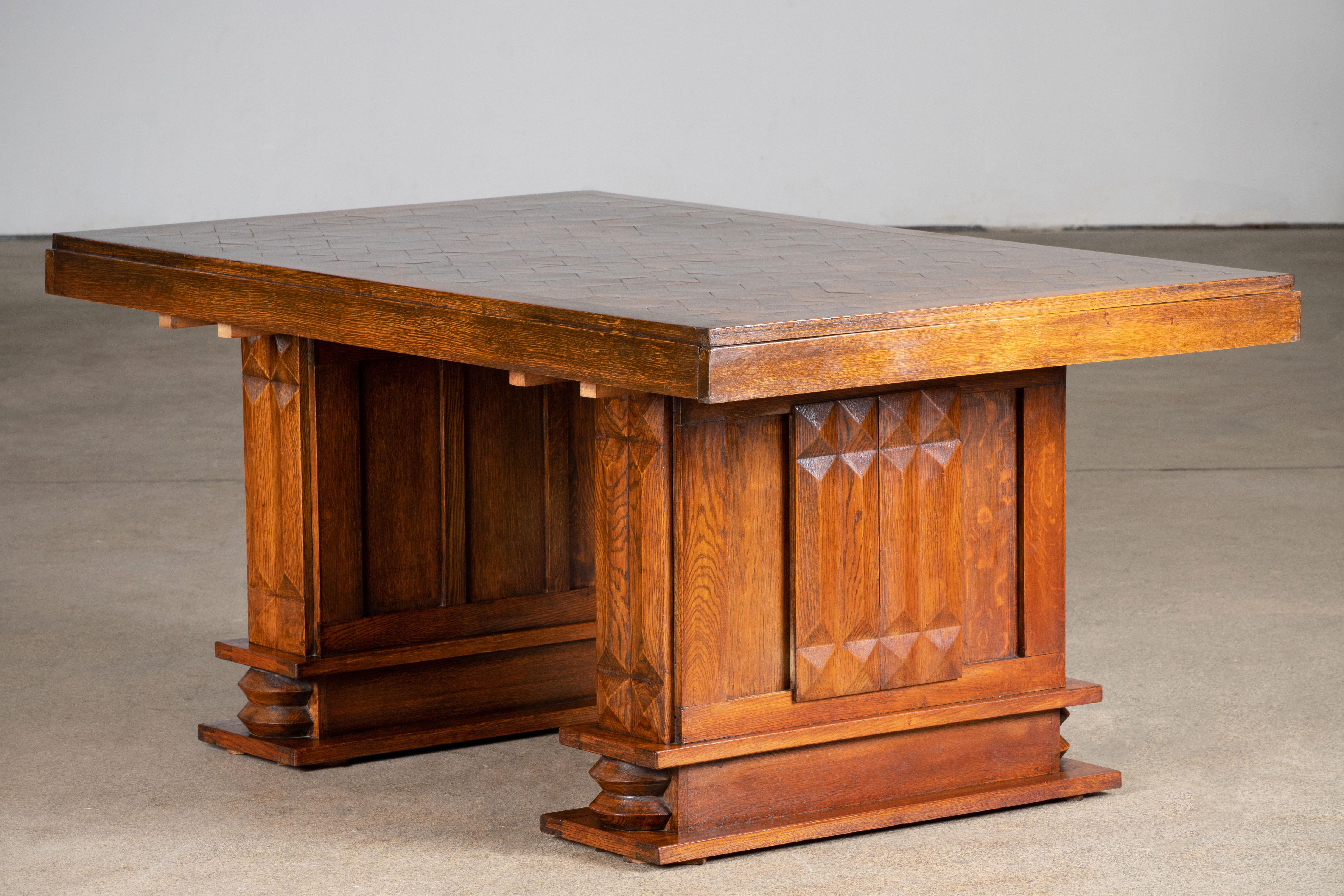 French Large Art Deco Table Oak, Dudouyt, 1940s For Sale 15