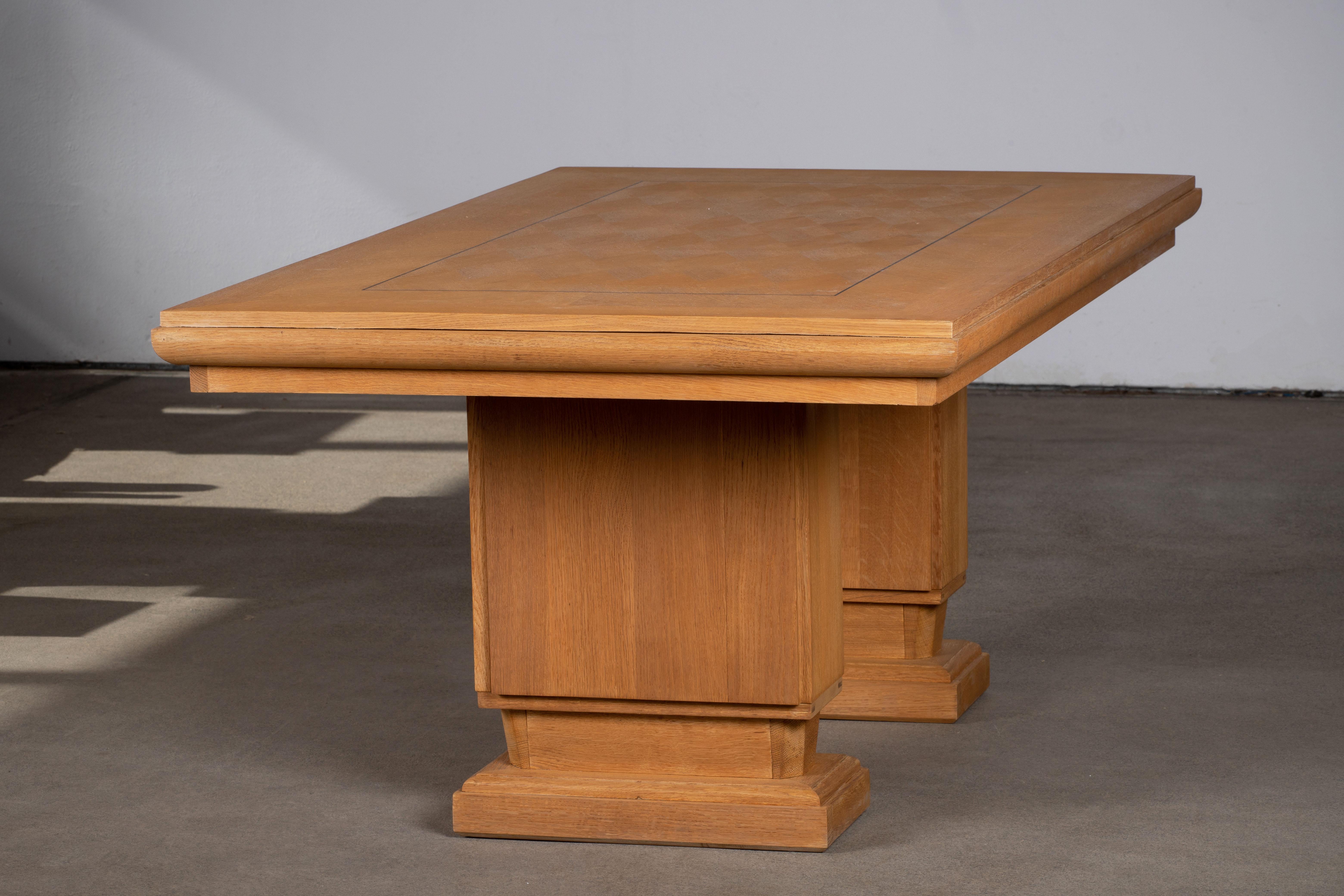 French Large Art Deco Table Oak, Dudouyt, 1940s For Sale 14