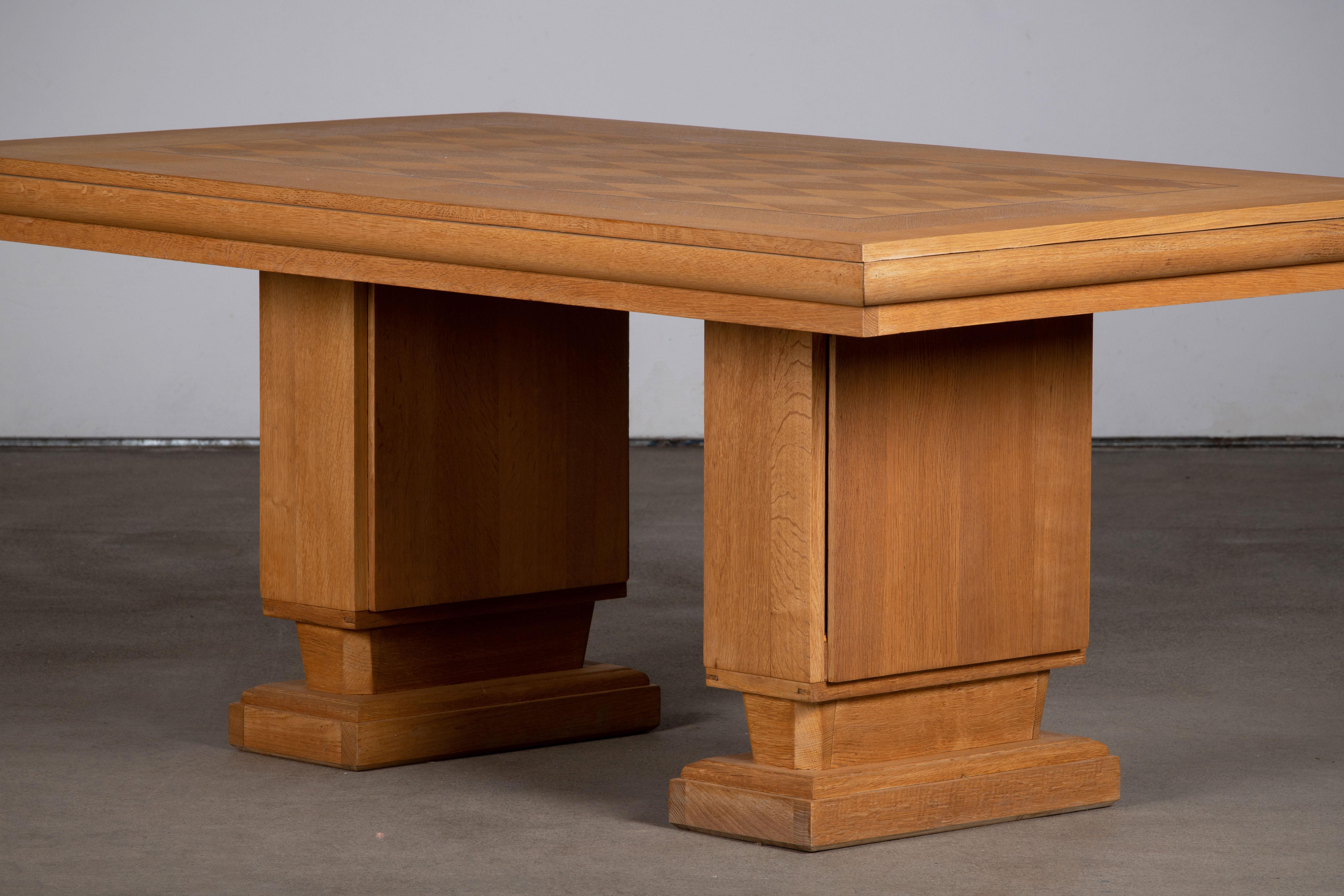 French Large Art Deco Table Oak, Dudouyt, 1940s For Sale 15