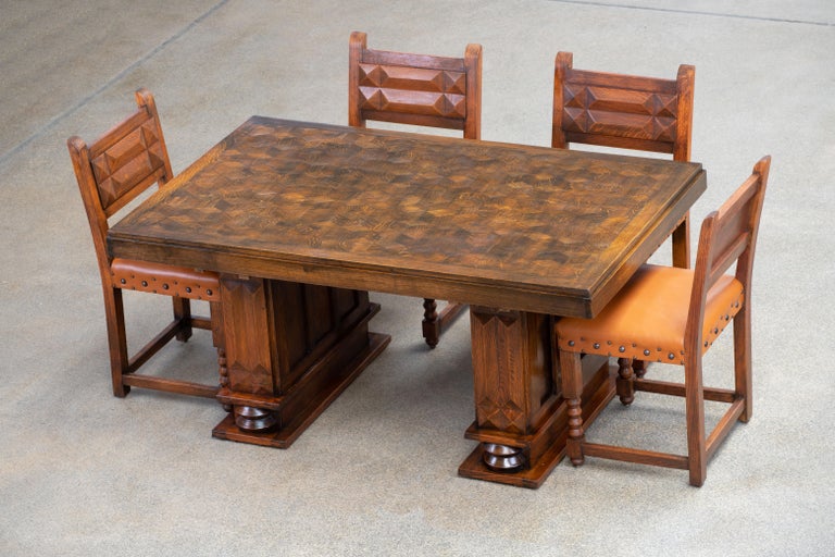 French Large Art Deco Table Oak, Dudouyt, 1940s In Good Condition For Sale In Wiesbaden, DE