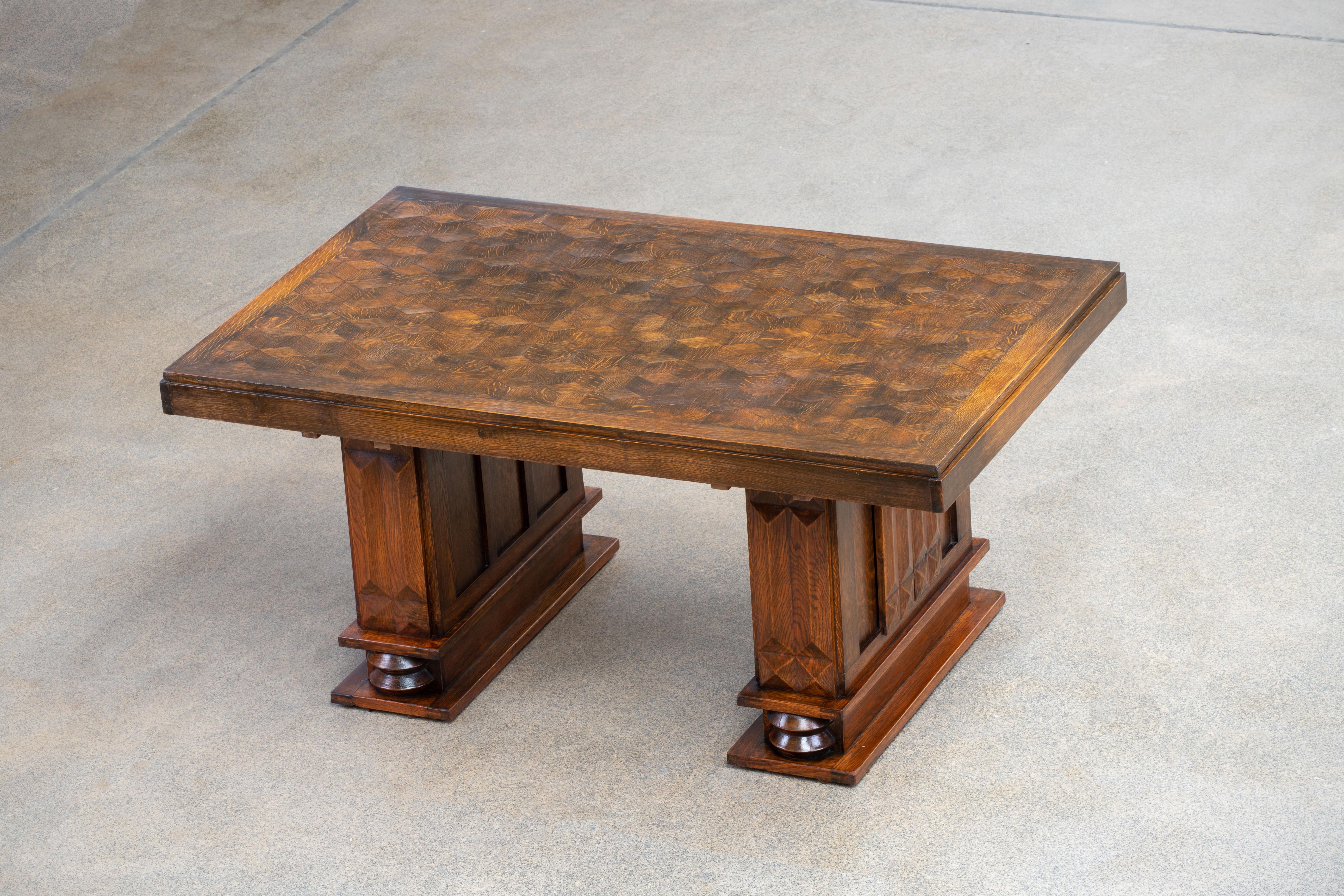 French Large Art Deco Table Oak, Dudouyt, 1940s For Sale 1