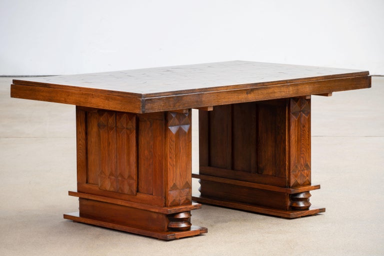 French Large Art Deco Table Oak, Dudouyt, 1940s For Sale 3