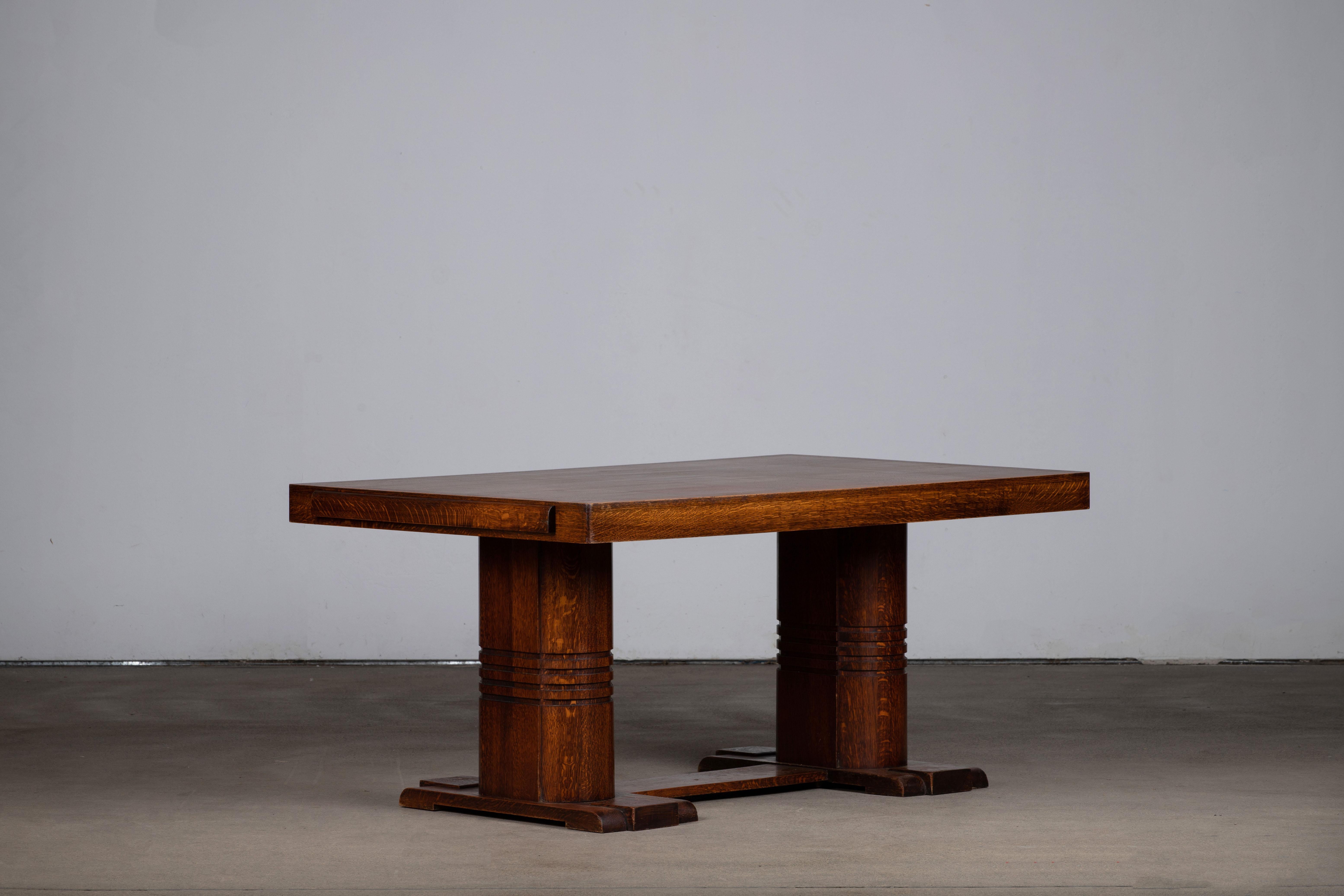 French Large Art Deco Table Oak, Dudouyt, 1940s For Sale 5