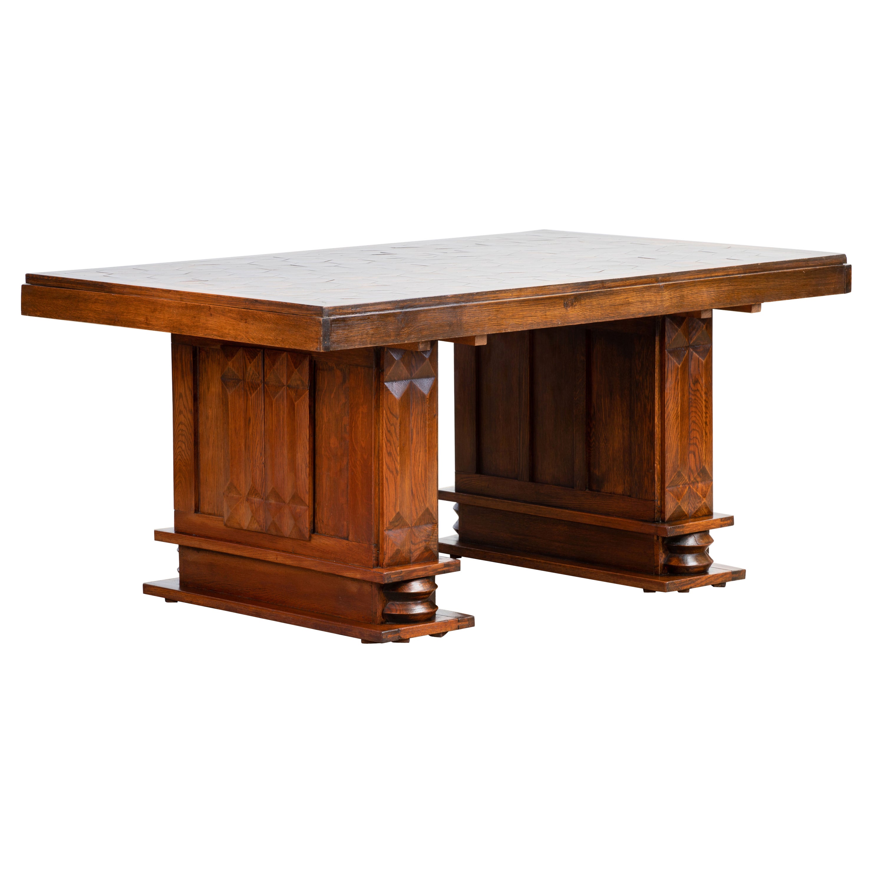 French Large Art Deco Table Oak, Dudouyt, 1940s