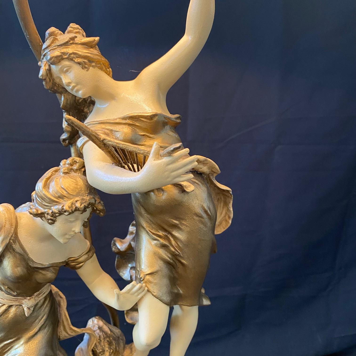 French Large Art Nouveau Figural Table Lamp Signed Auguste Moreau In Good Condition For Sale In Hopewell, NJ
