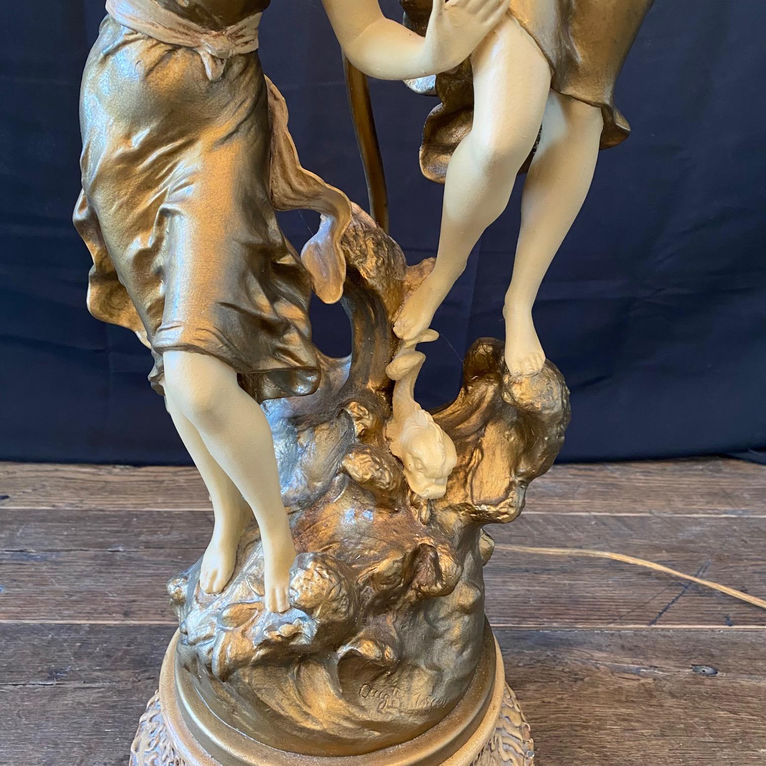 Composition French Large Art Nouveau Figural Table Lamp Signed Auguste Moreau For Sale