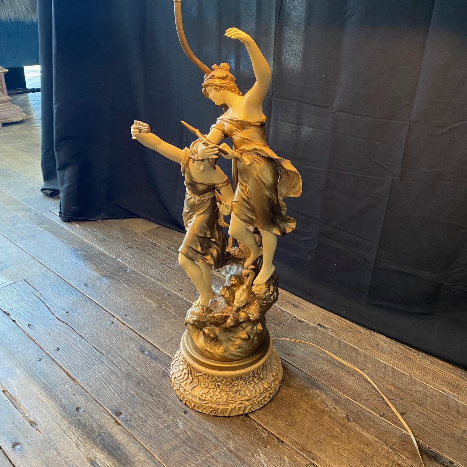 French Large Art Nouveau Figural Table Lamp Signed Auguste Moreau For Sale 1